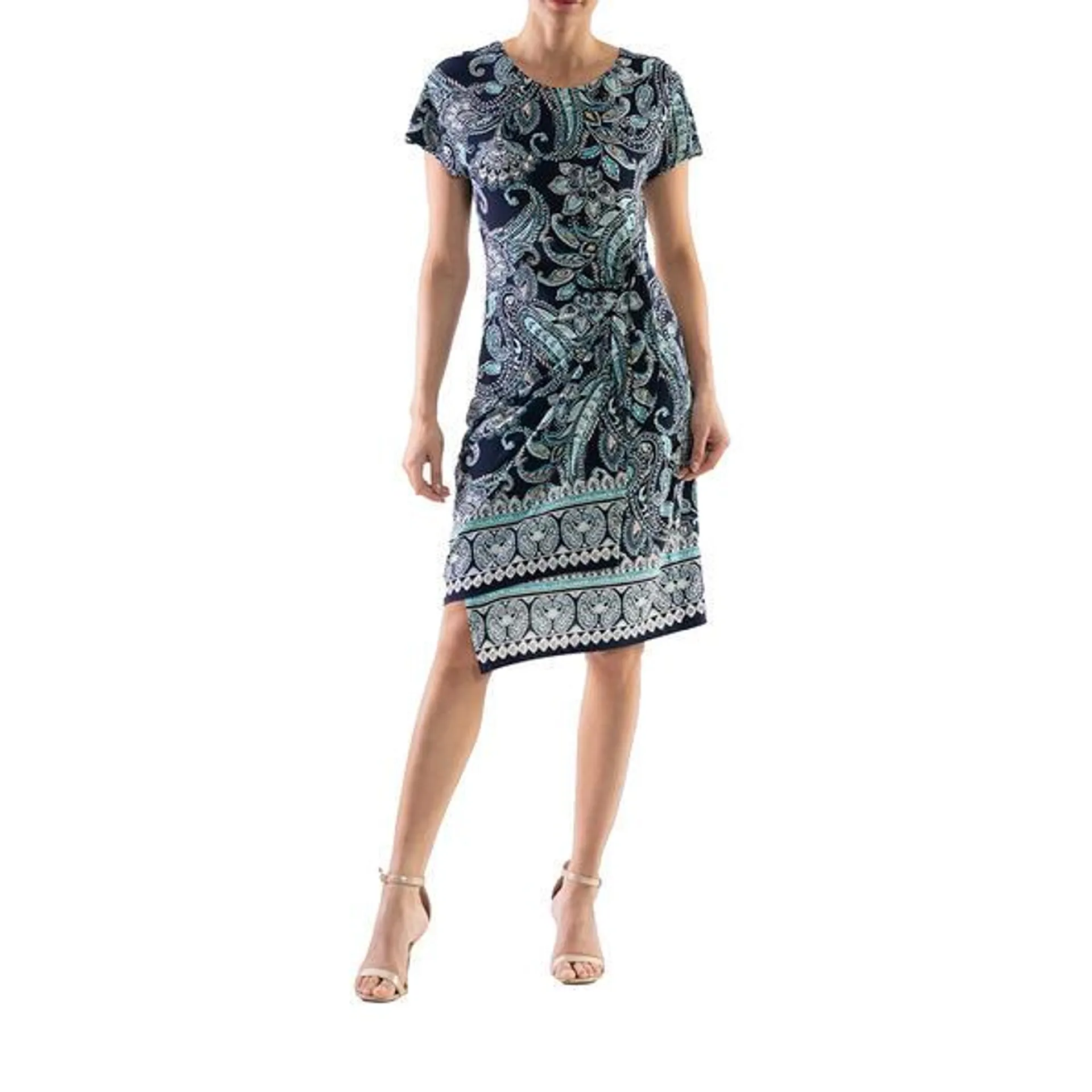 Womens Robbie Bee Short Sleeve Paisley Floral Sarong Sheath Dress