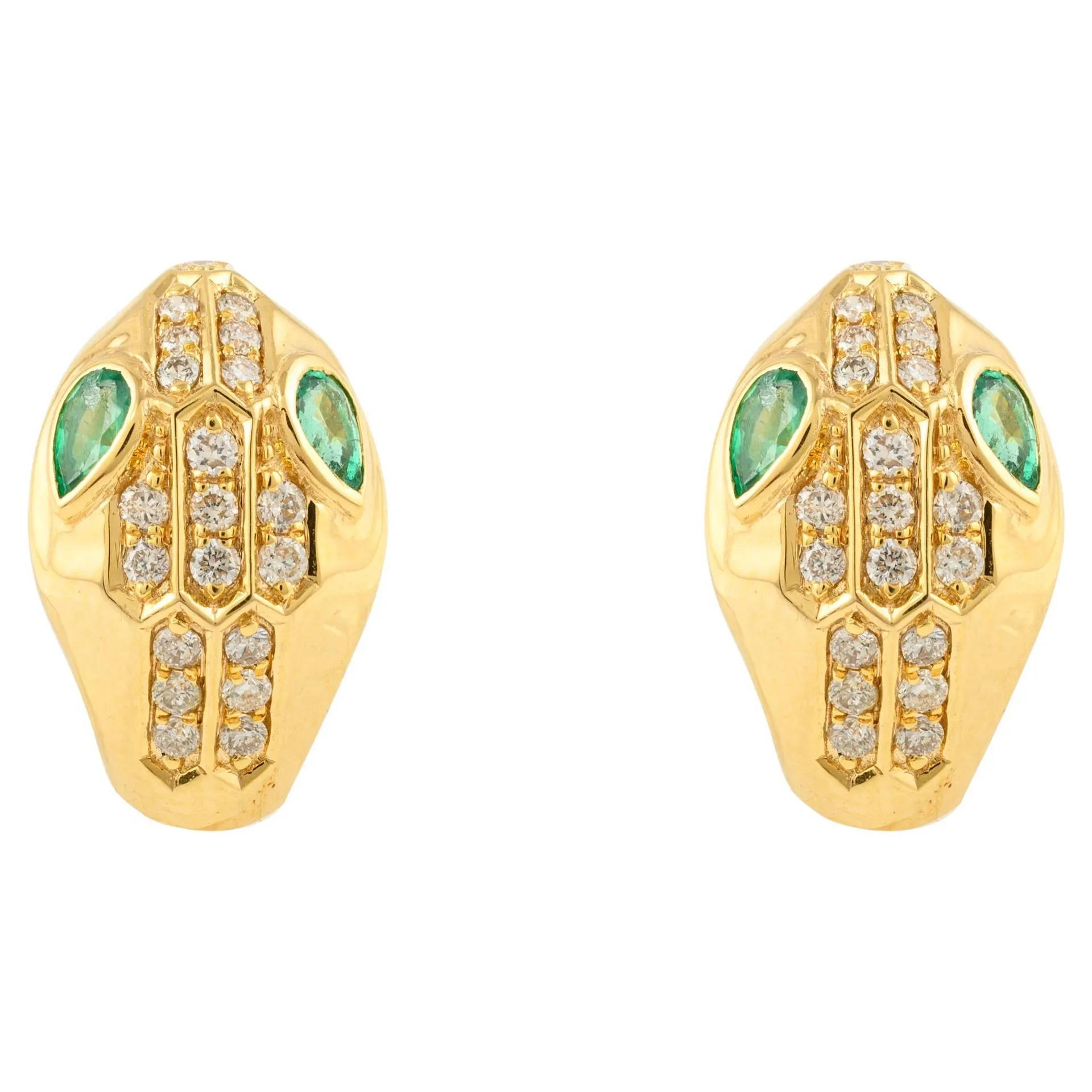 18k Solid Yellow Gold Emerald Diamond Serpentine Pushback Stud Earrings