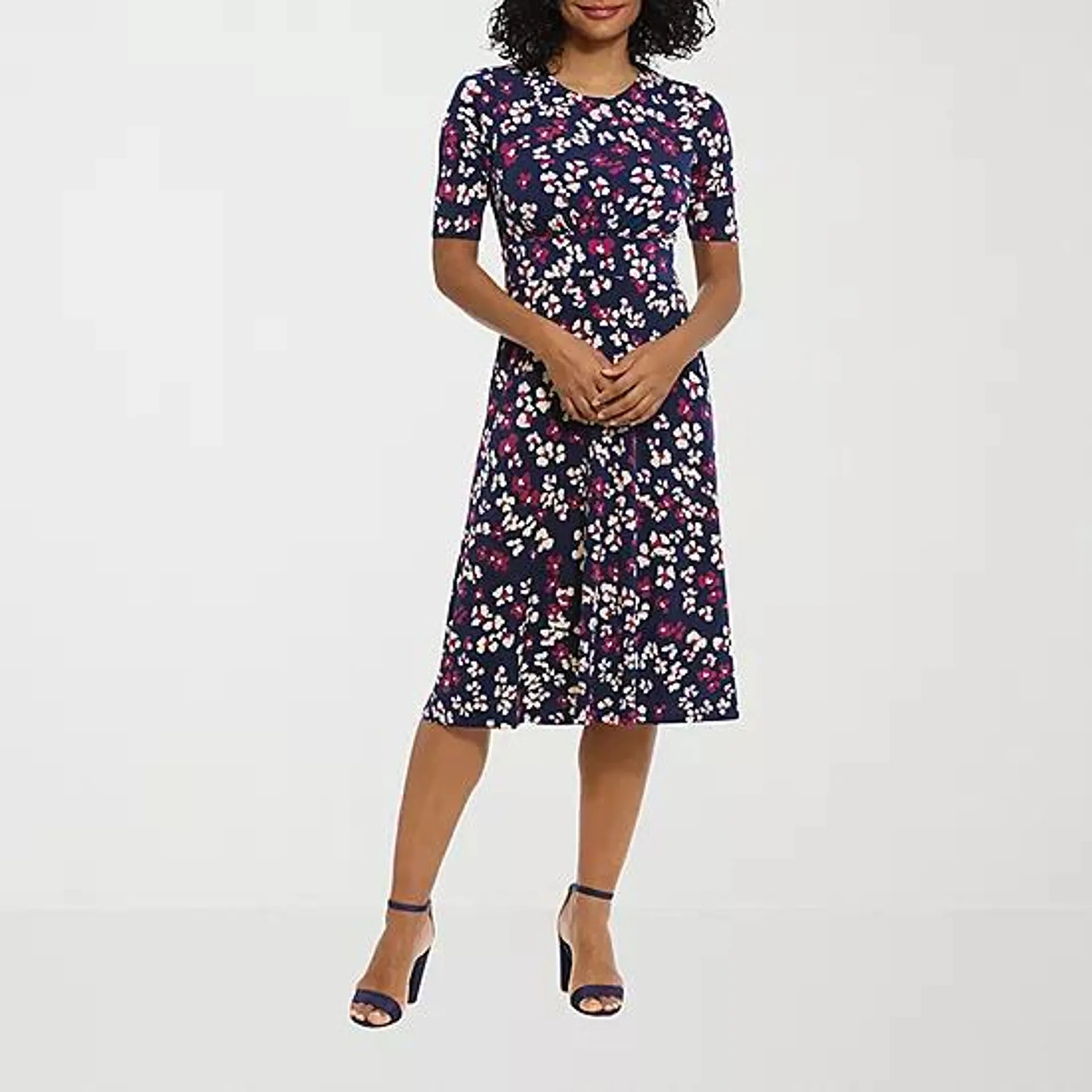 new! London Style Short Sleeve Floral Fit + Flare Dress