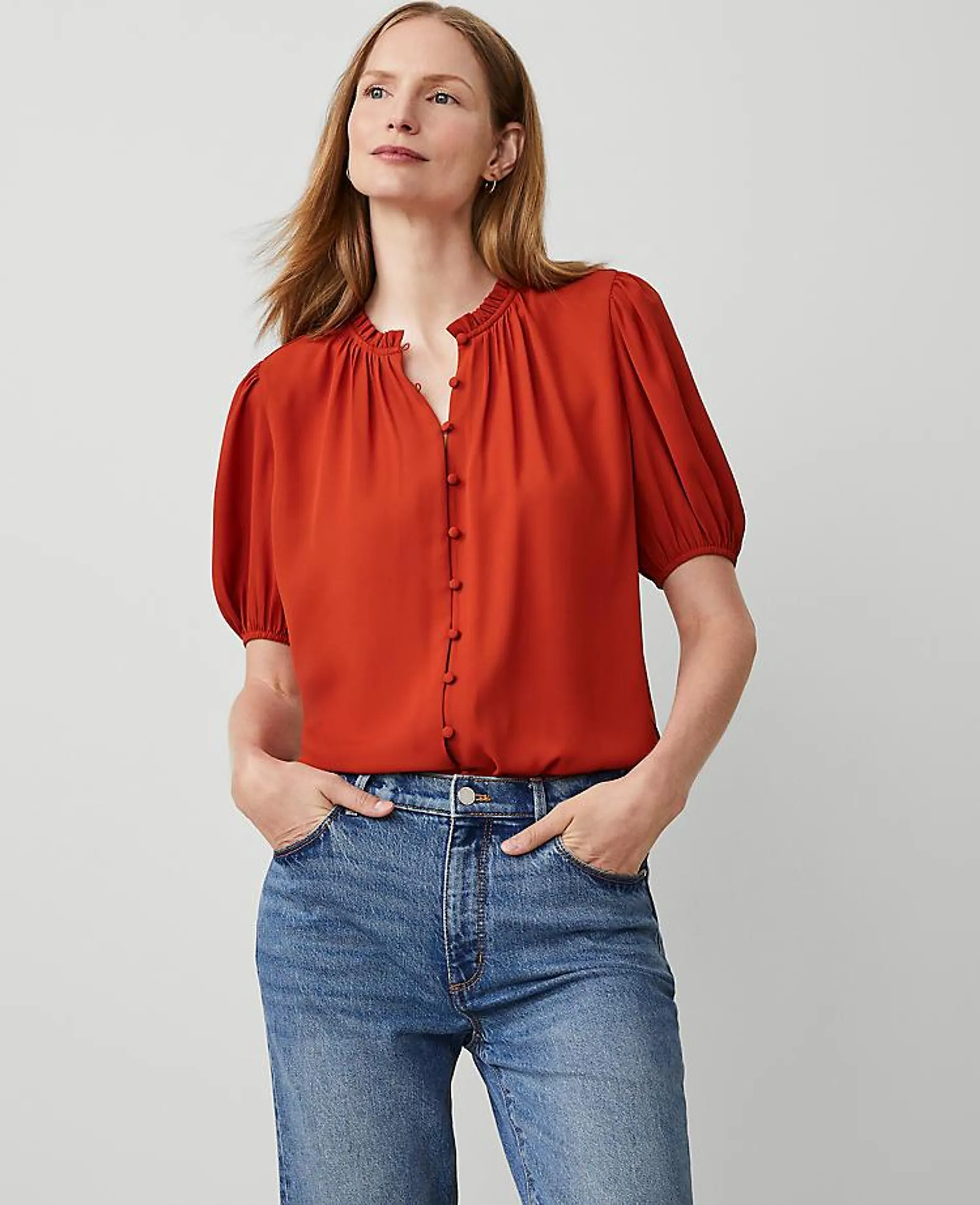 Mixed Media Ruffle Neck Top