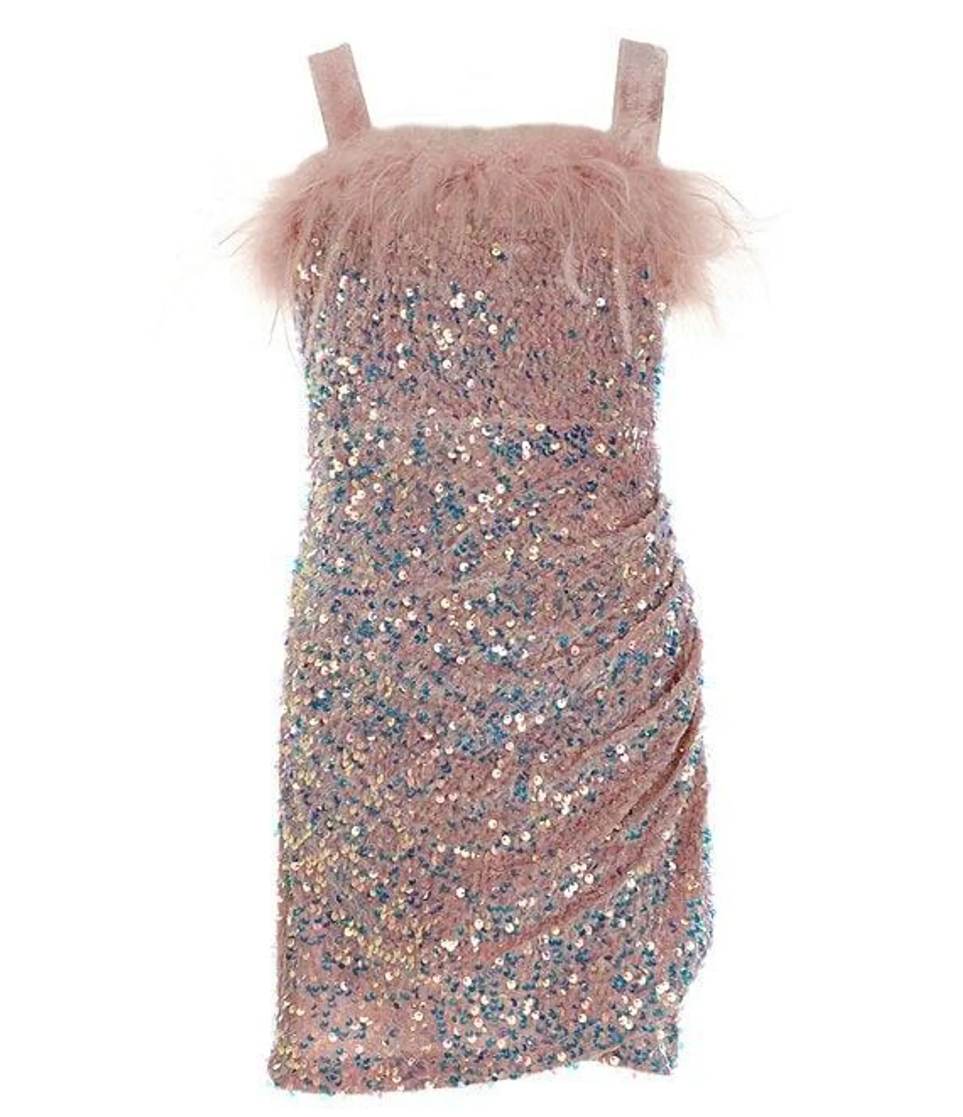 Big Girls Plume-Trim Stretch Sequin Dress