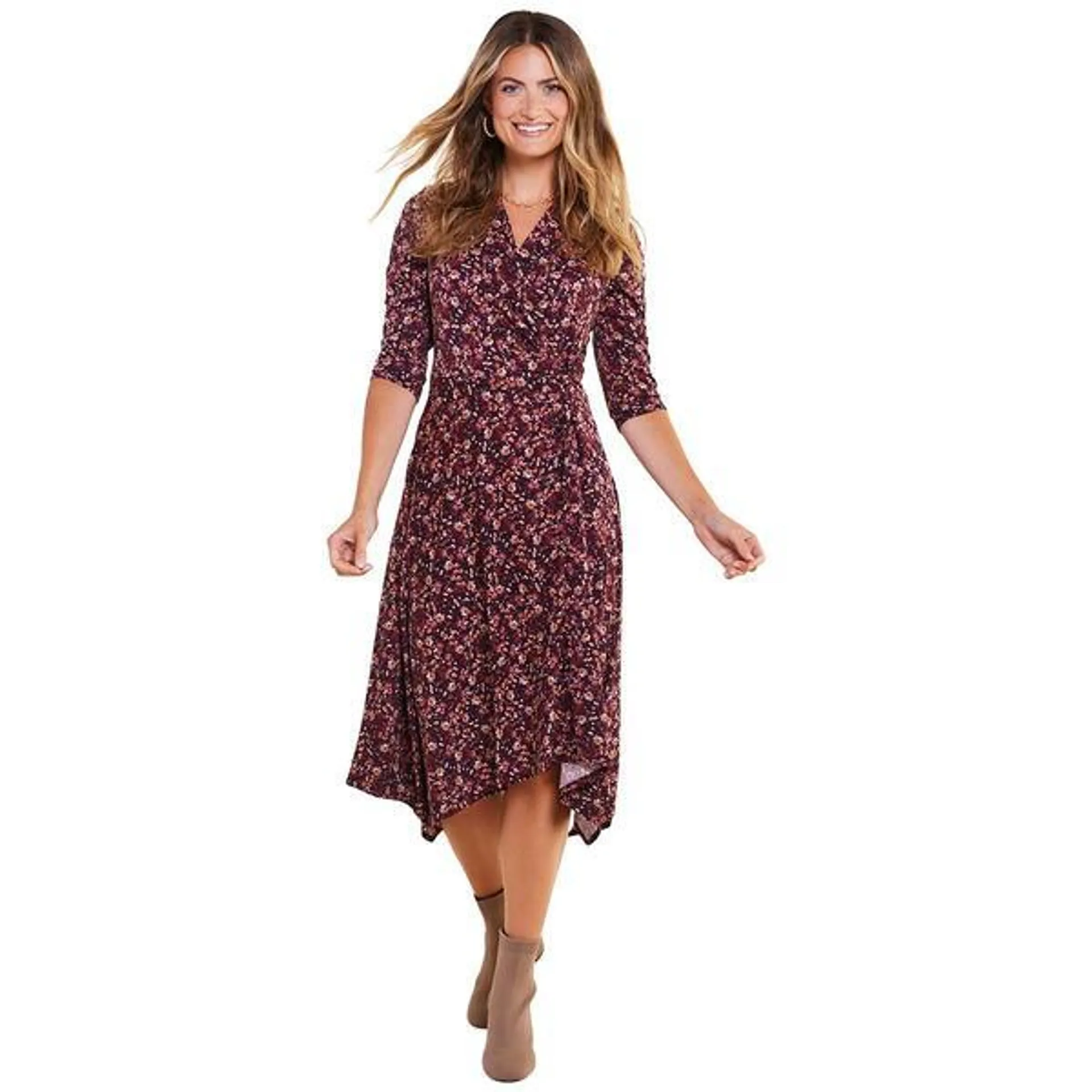 Womens Perceptions 3/4 Sleeve Ditsy Floral Wrap Dress