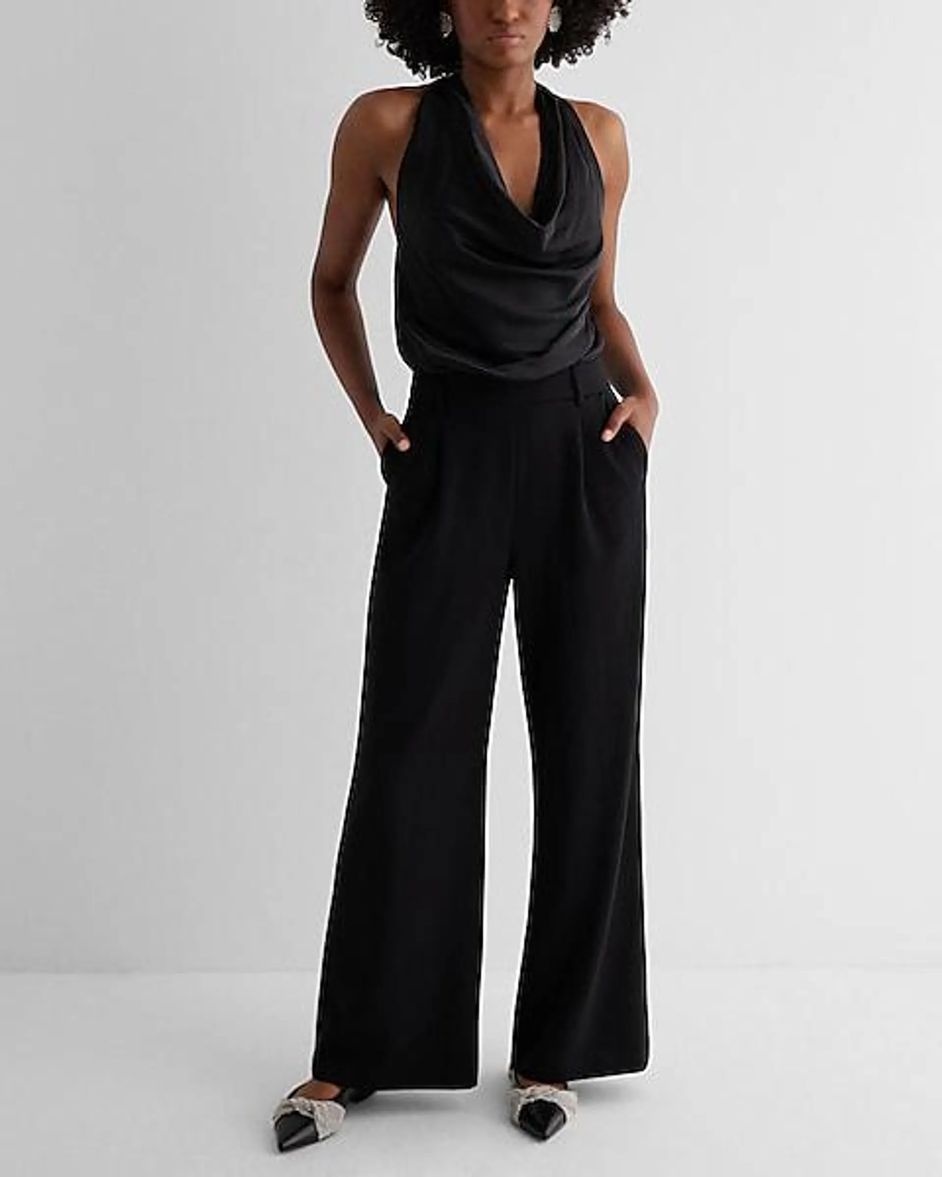 Satin Tie Halter Cowl Neck Wide Leg Jumpsuit