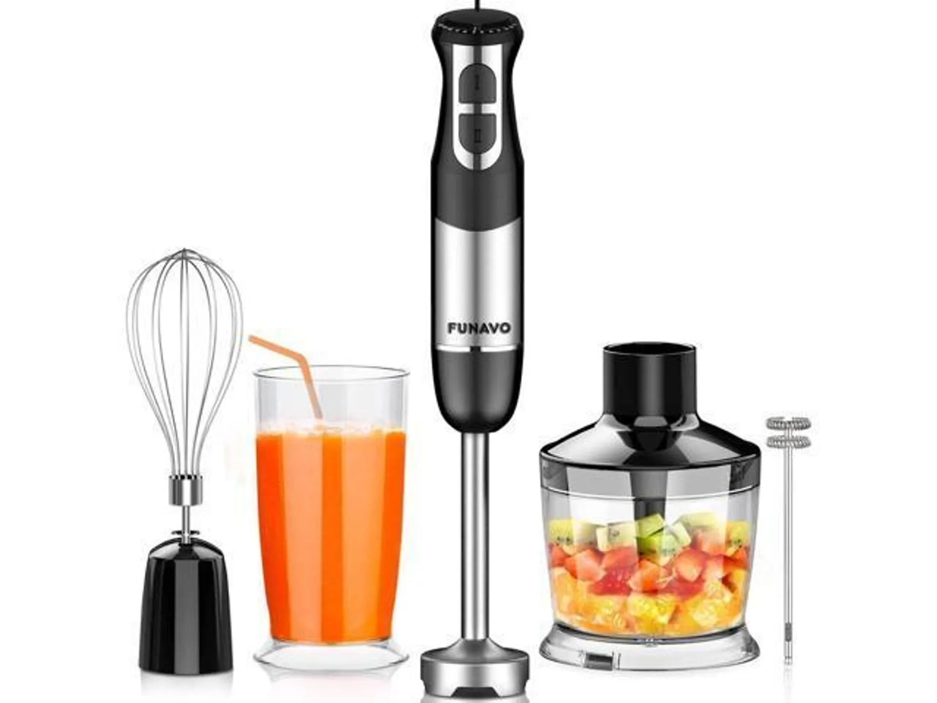 FUNAVO Hand Blender, 800W 5-in-1 Immersion Hand Blender, 12-Speed Multi-function Stick Blender with 500ml Chopping Bowl, Whisk, 600ml Mixing Beaker, Milk Frother Attachments, BPA-Free