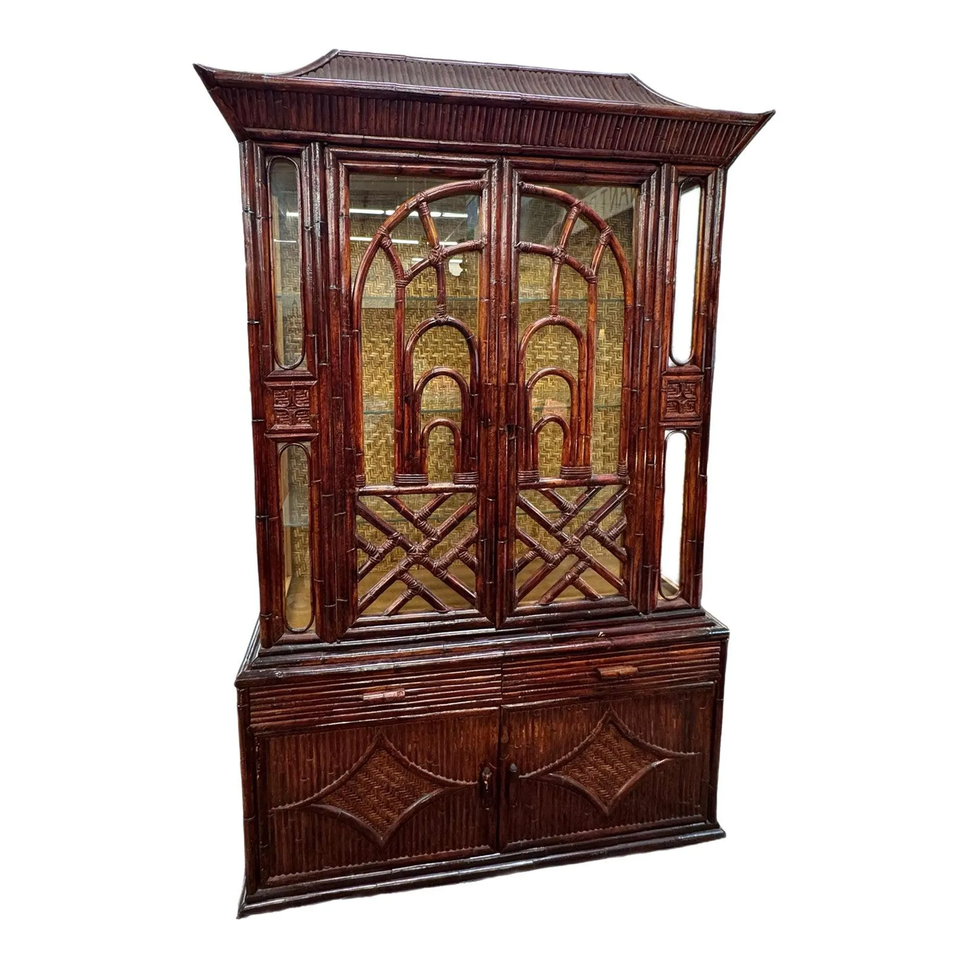 Mid-Century Asian Pagoda Style Bamboo China Hutch