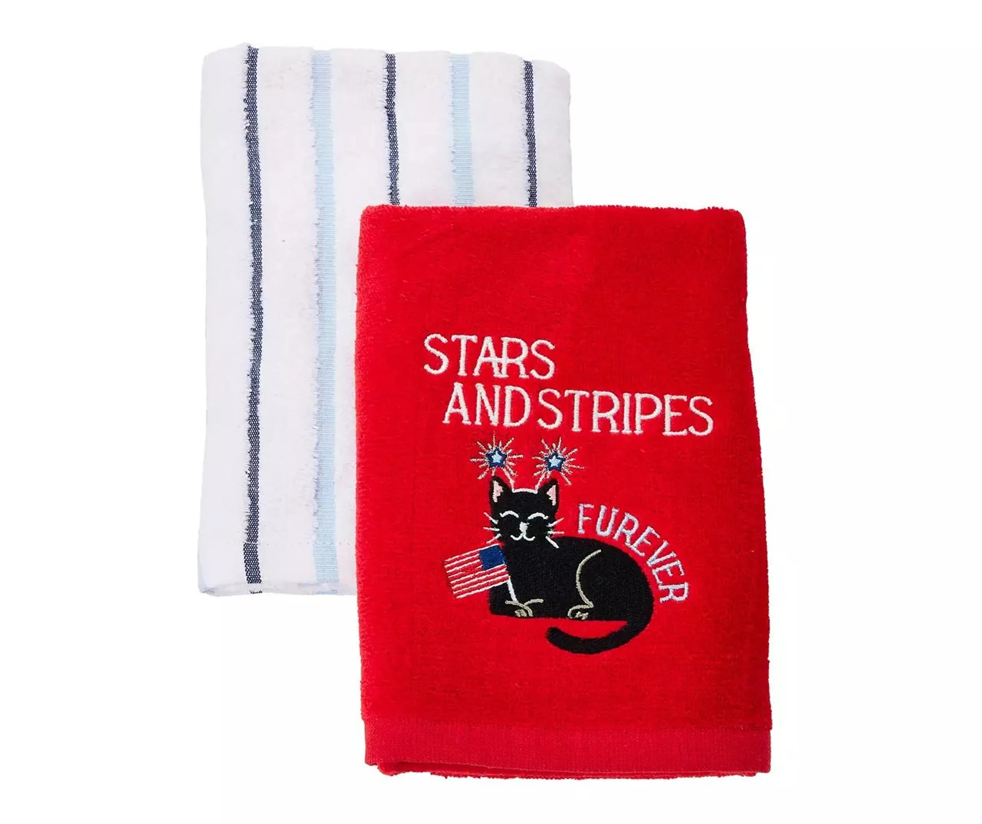 "Stars & Stripes" Goji Berry Cat Embroidered 2-Pc. Hand Towel Set