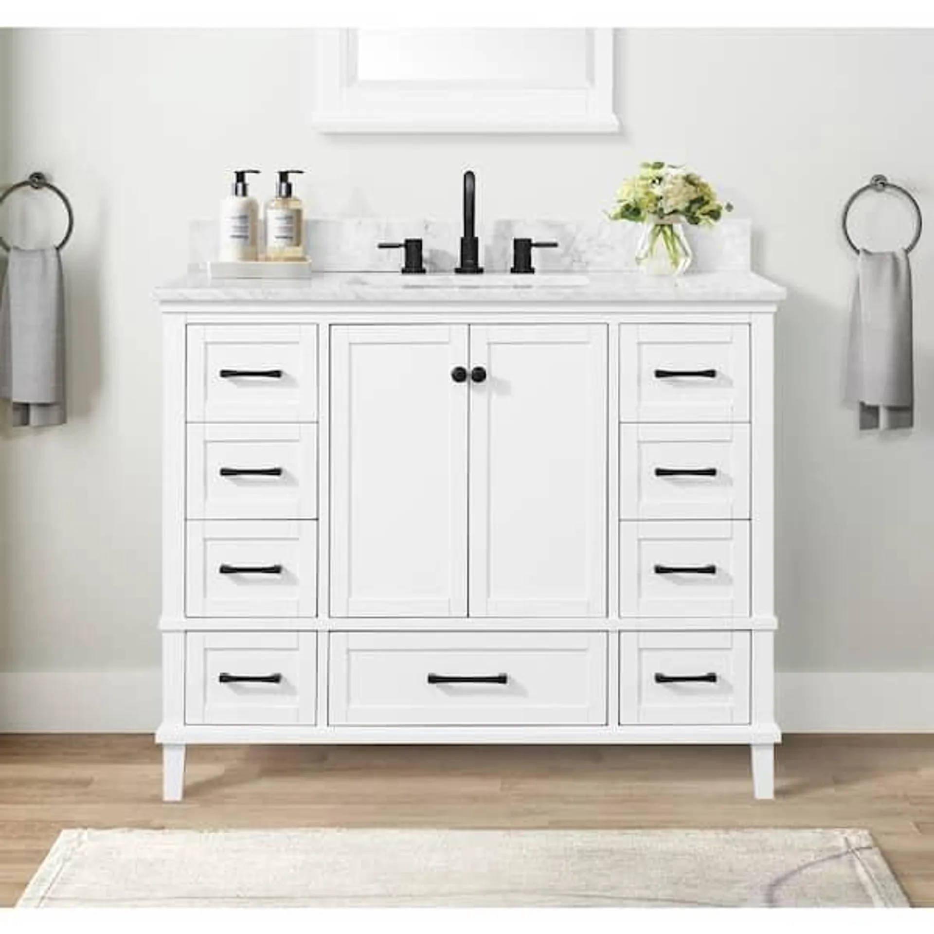 Merryfield 43 in. Single Sink White Bath Vanity with White Carrara Marble Top (Assembled)