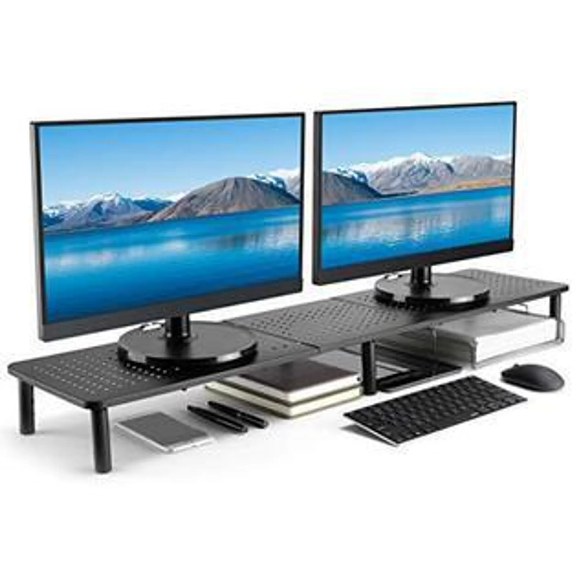 husky mounts large dual monitor stand riser, adjustable legs, 39" x 9.25" x 5.5" max height, matte black steel