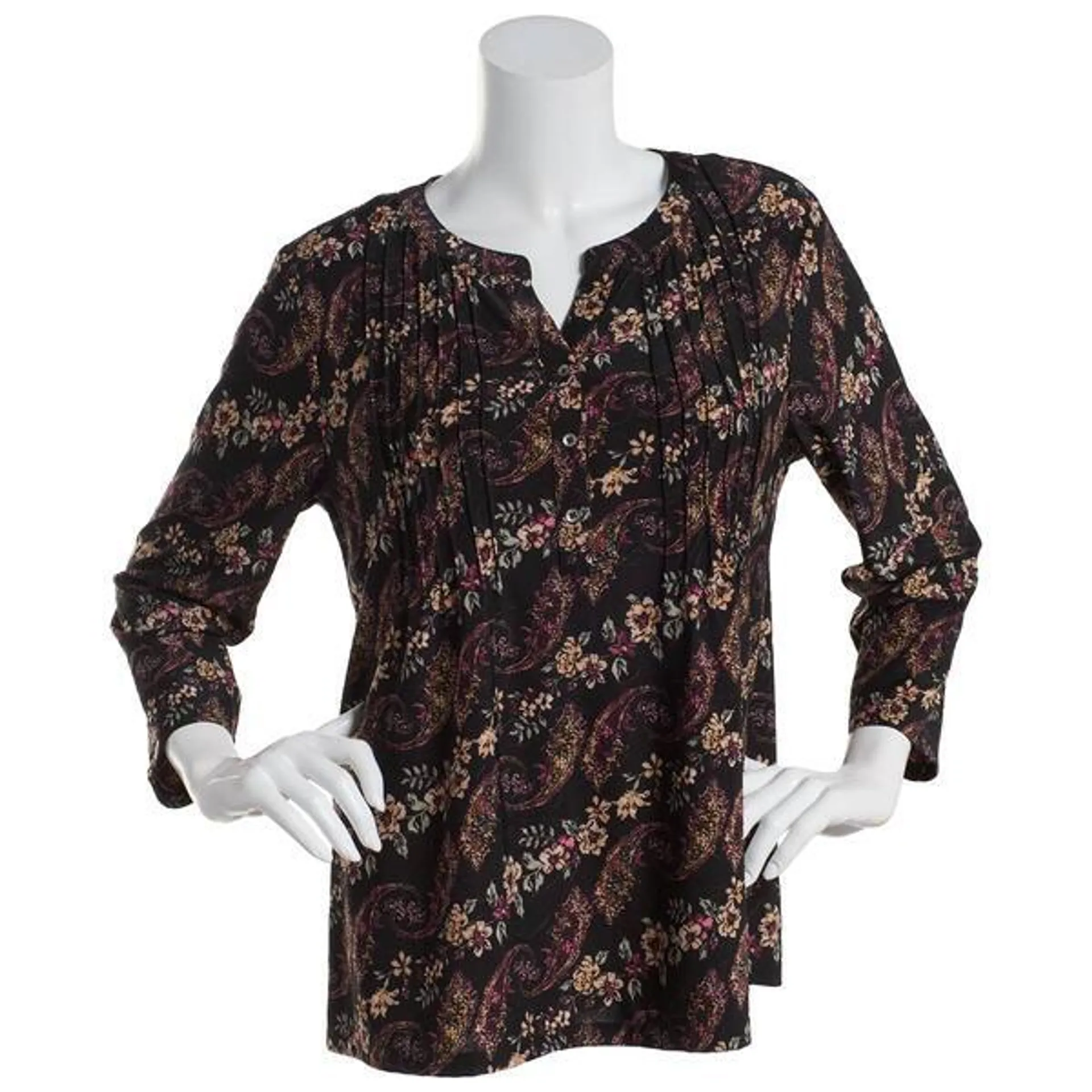 Womens Napa Valley 3/4 Sleeve Floral Paisley Pleated Blouse