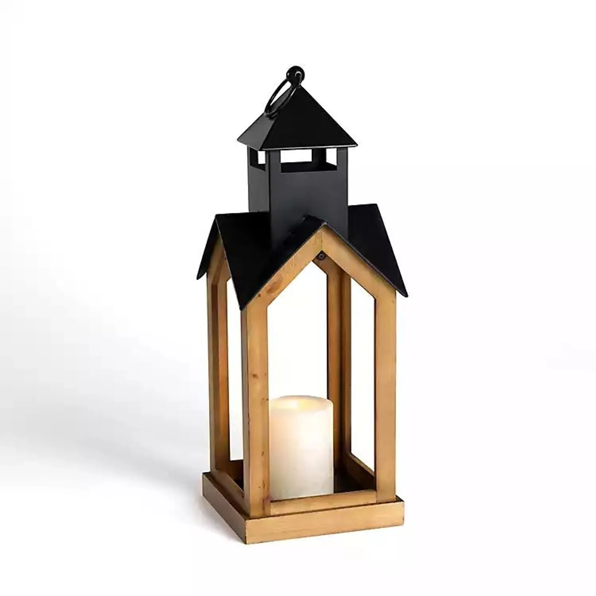 Black Metal & Natural Wood Steeple Lantern, 24 in.