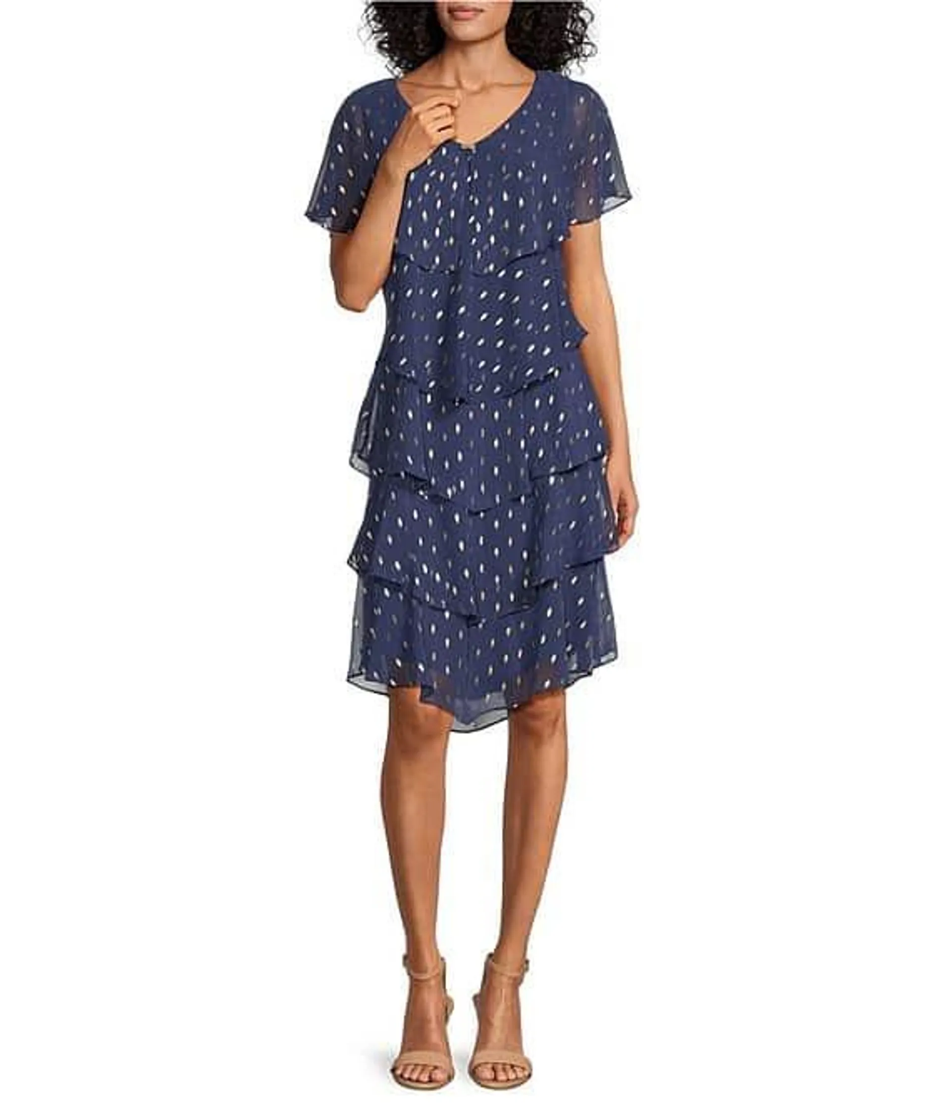 Chiffon Metallic Polka Dot Print V-Neck Short Sleeve Tiered Caplet Dress