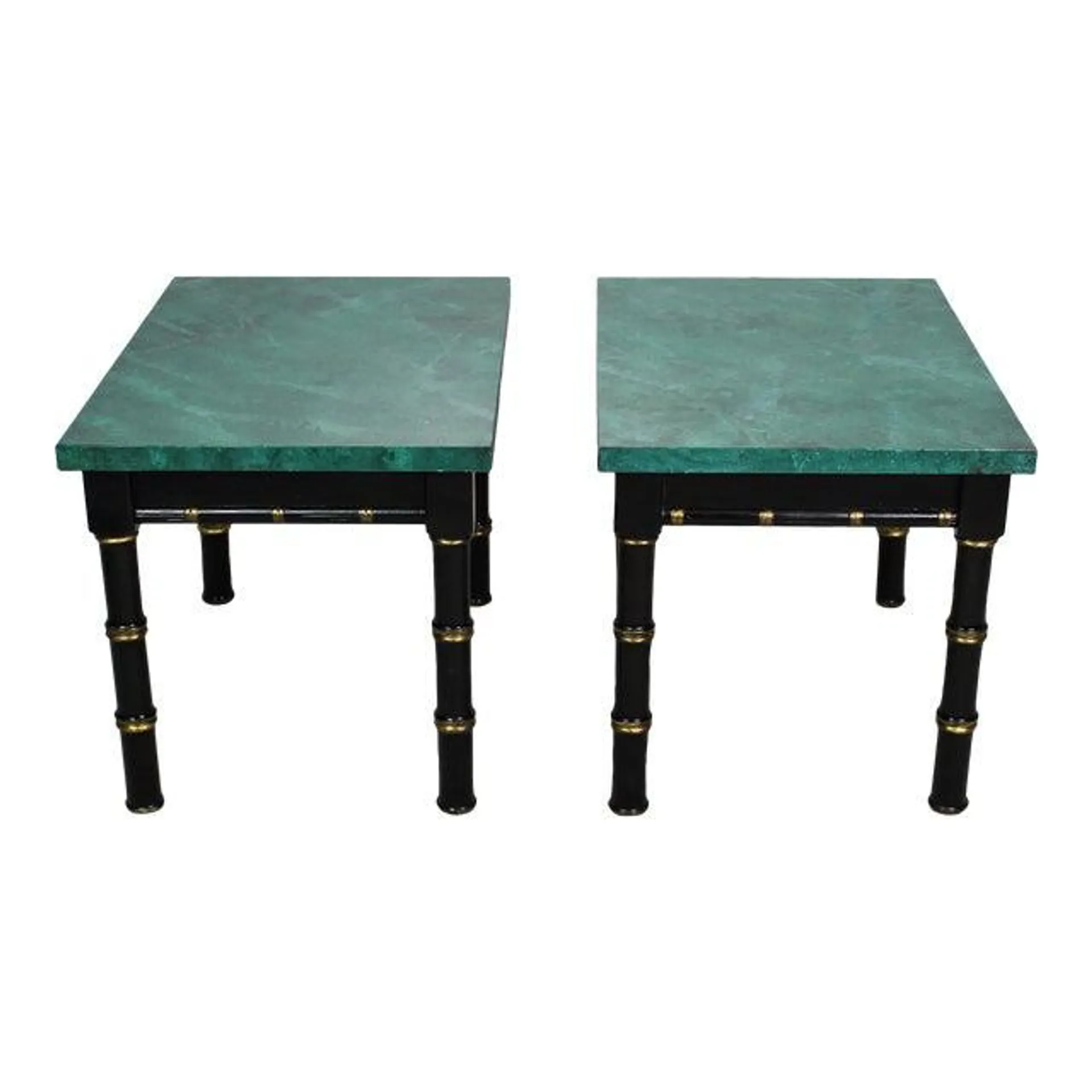 1969s Hollywood Regency Faux Bamboo Side Tables with Faux Green Marble Tops - a Pair
