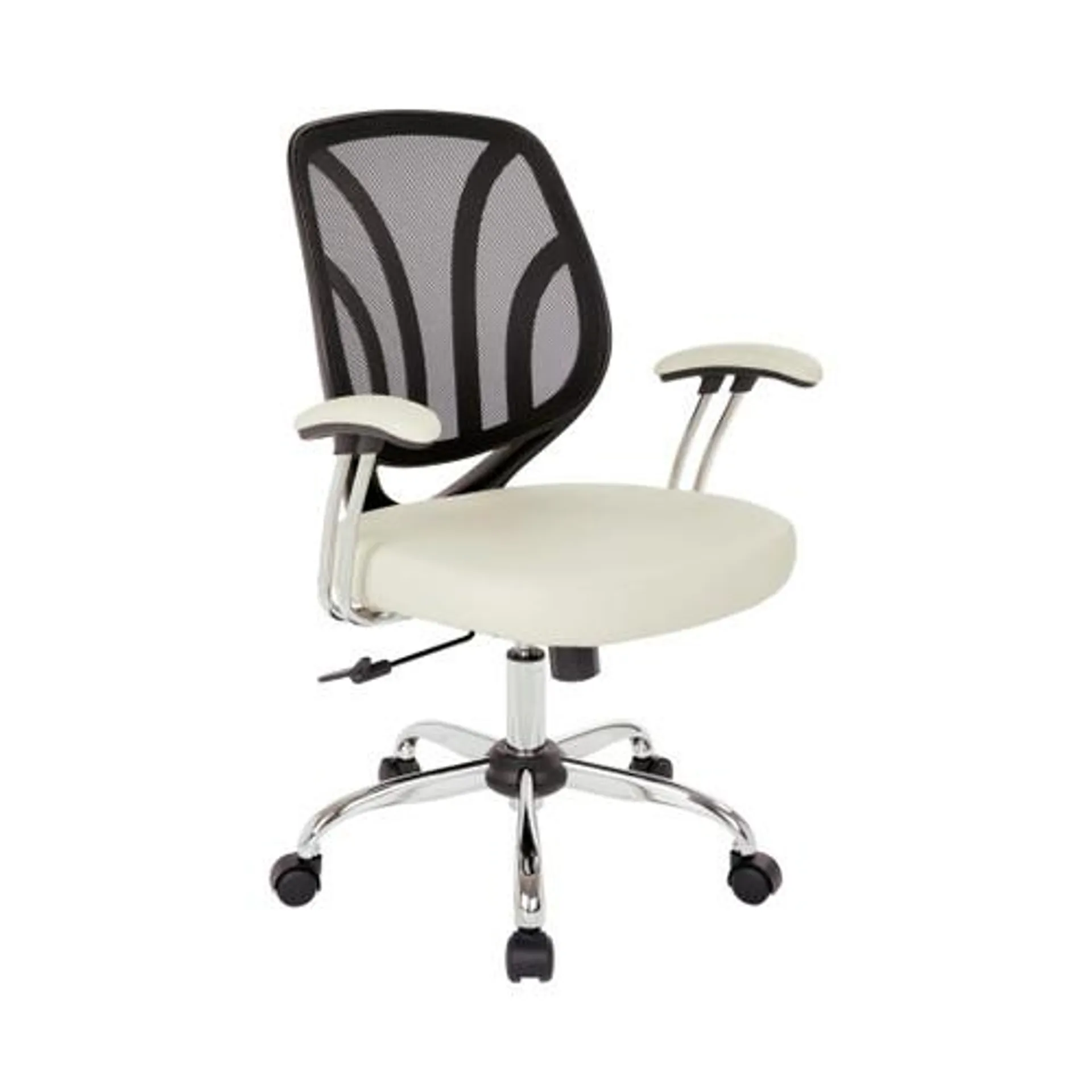 Screen Back Chair with Chrome Padded Arms and Dual Wheel Carpet Casters in Cream Faux Leather