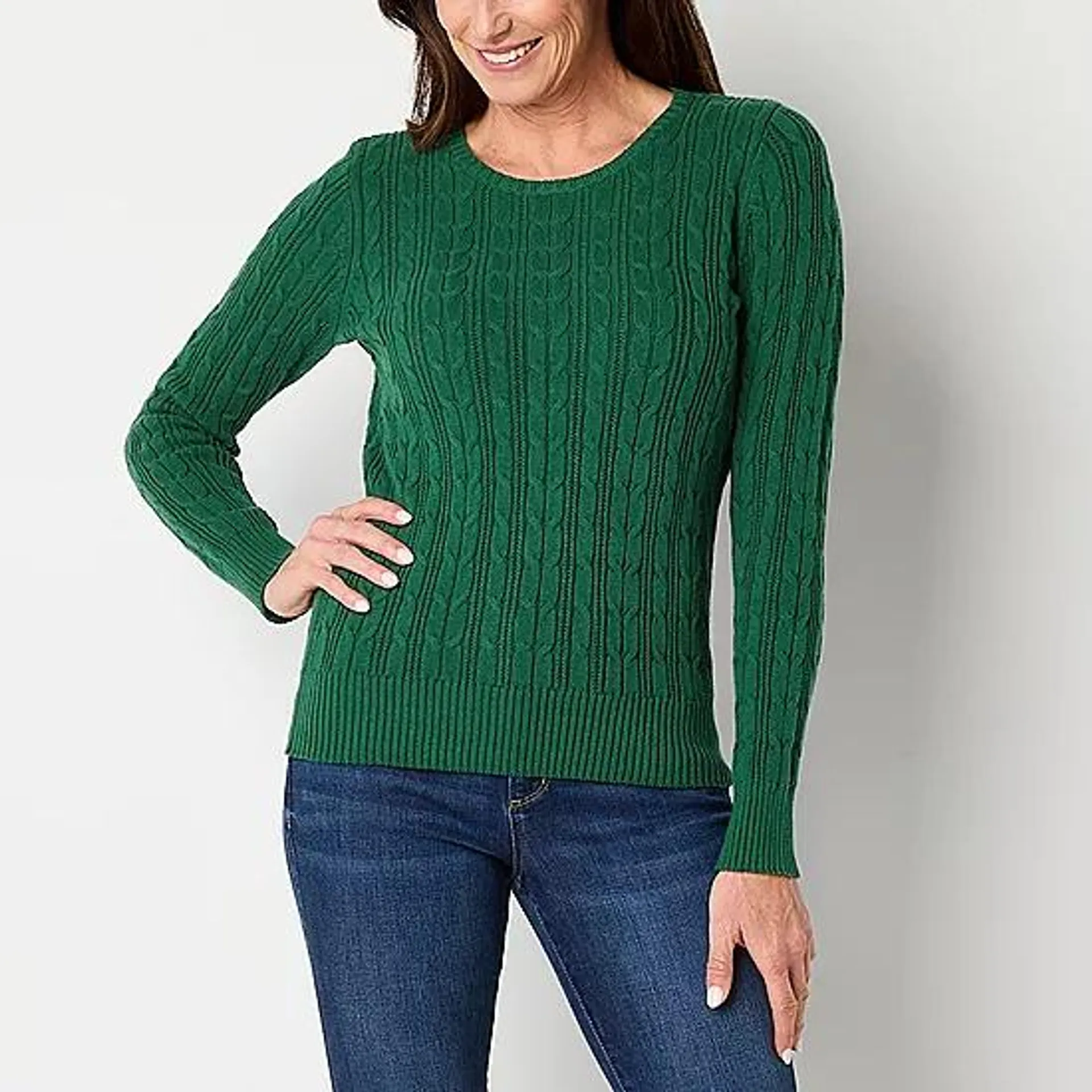 St. John's Bay Womens Crew Neck Long Sleeve Cable Knit Pullover Sweater