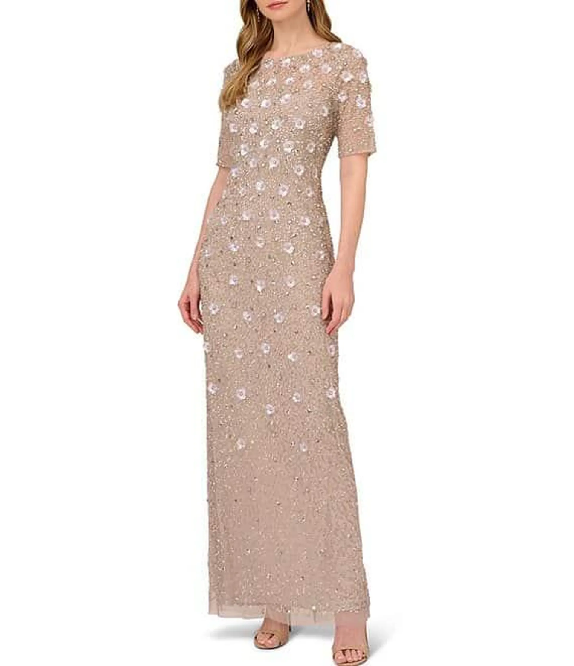 Floral Beaded Mesh Round Neck Short Sleeve Gown