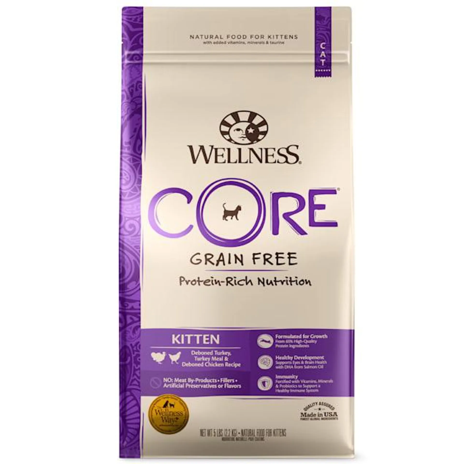 Wellness CORE Natural Grain Free Turkey, Whitefish & Chicken Dry Kitten Food, 5-Pound Bag