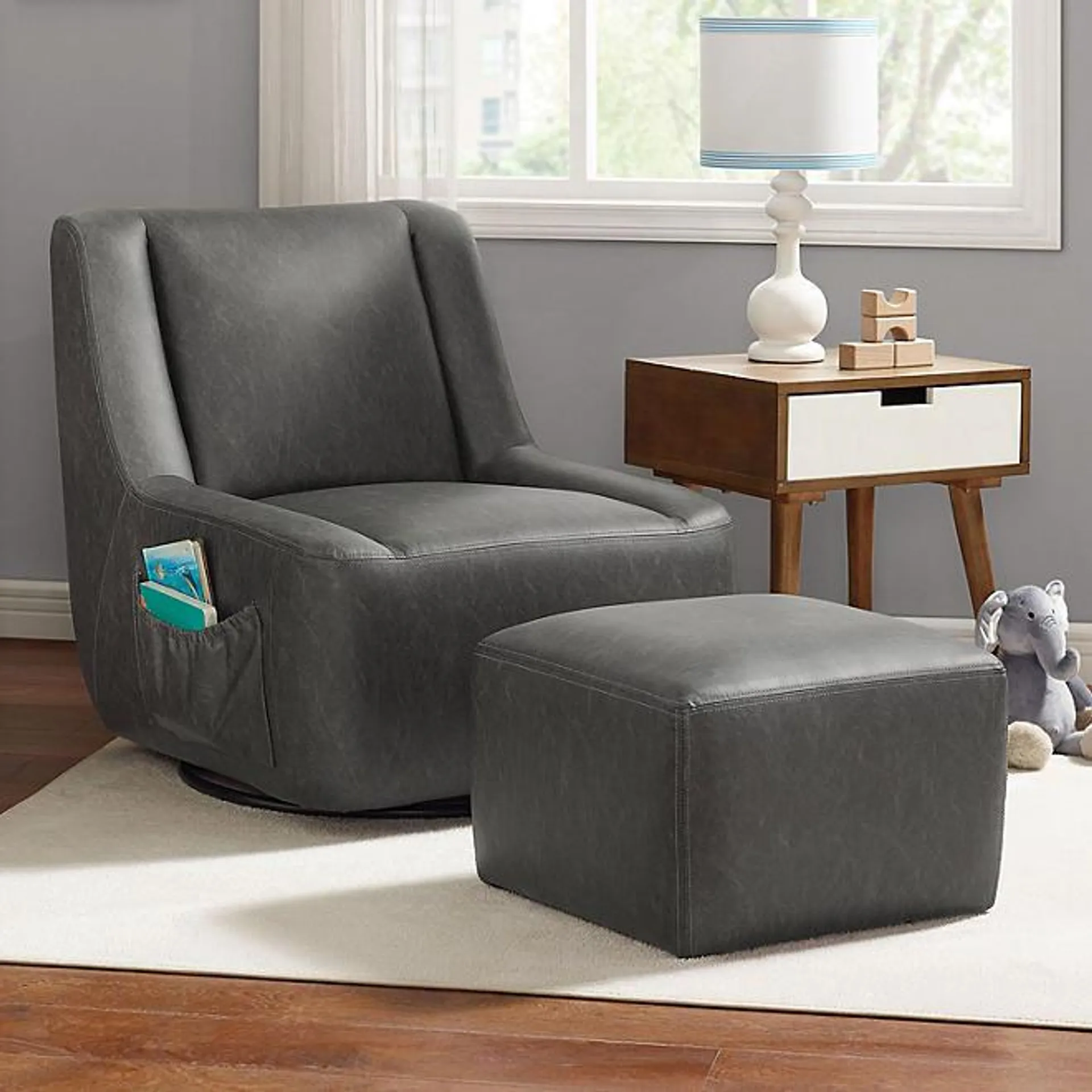 Lenox Faux Lather Upholstery Floor Swivel Chair with Ottoman, Gray