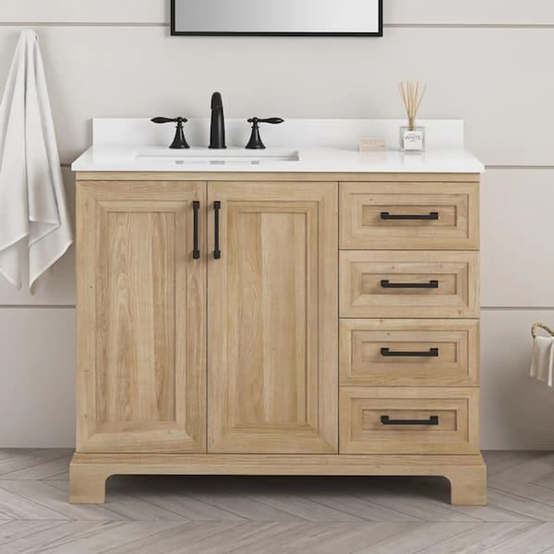 Sinita 42 in. Single Sink Weathered Tan Bath Vanity with White Engineered Stone Top (Assembled)