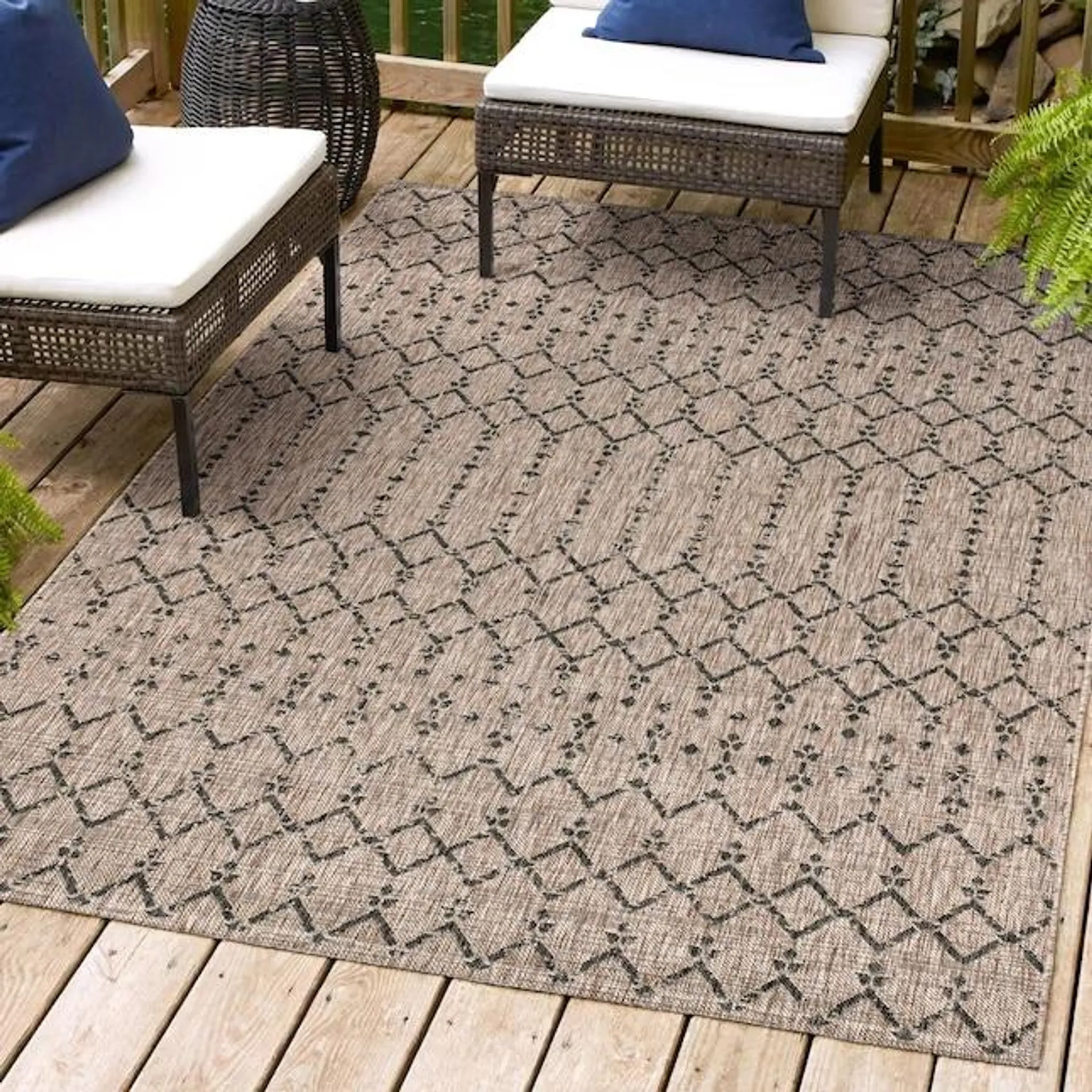 JONATHAN Y Santa Monica Ourika Filigree Textured Weave 8 X 10 (ft) Natural/Black Indoor/Outdoor Distressed/Overdyed Coastal Area Rug