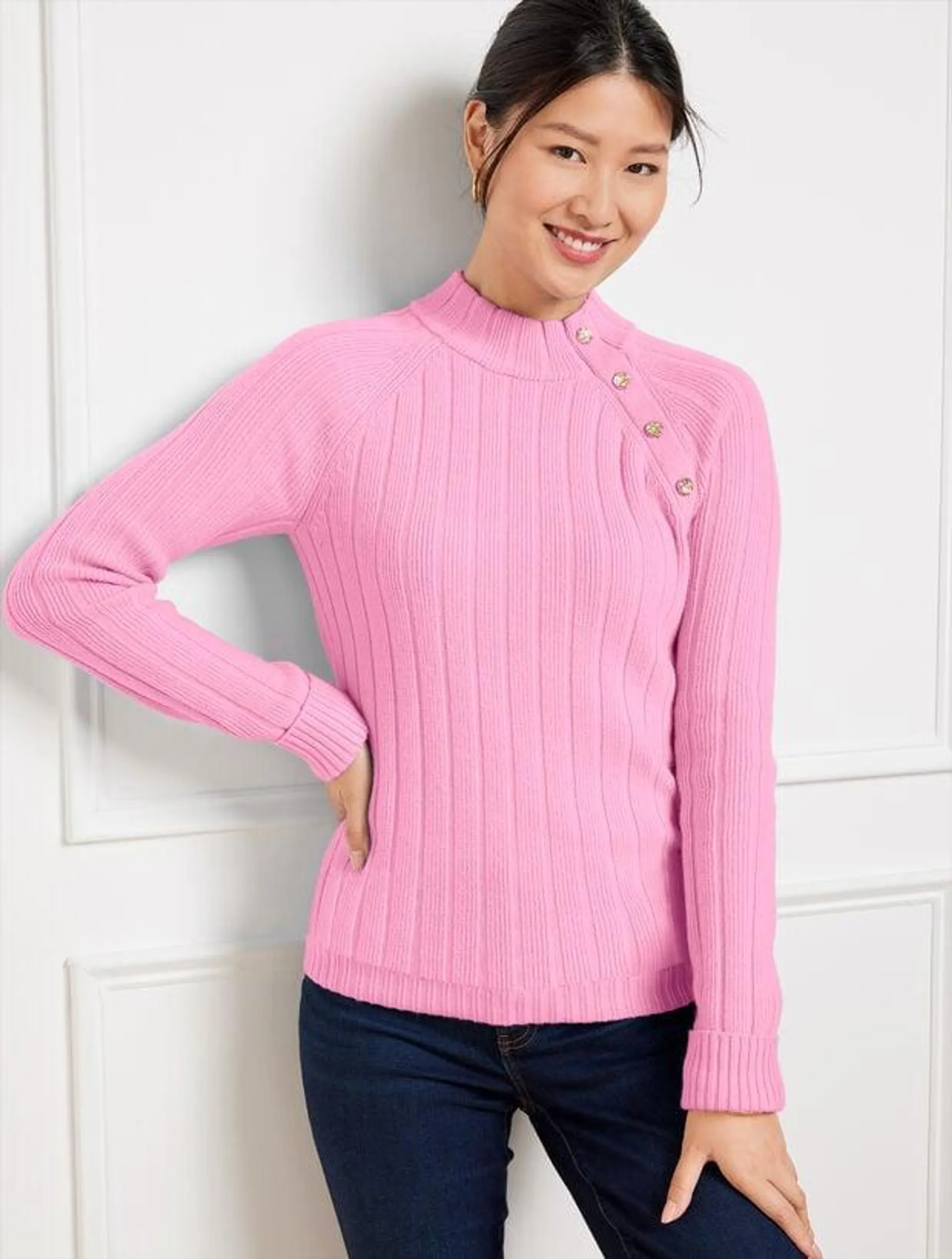 Ribbed Button Mockneck Sweater