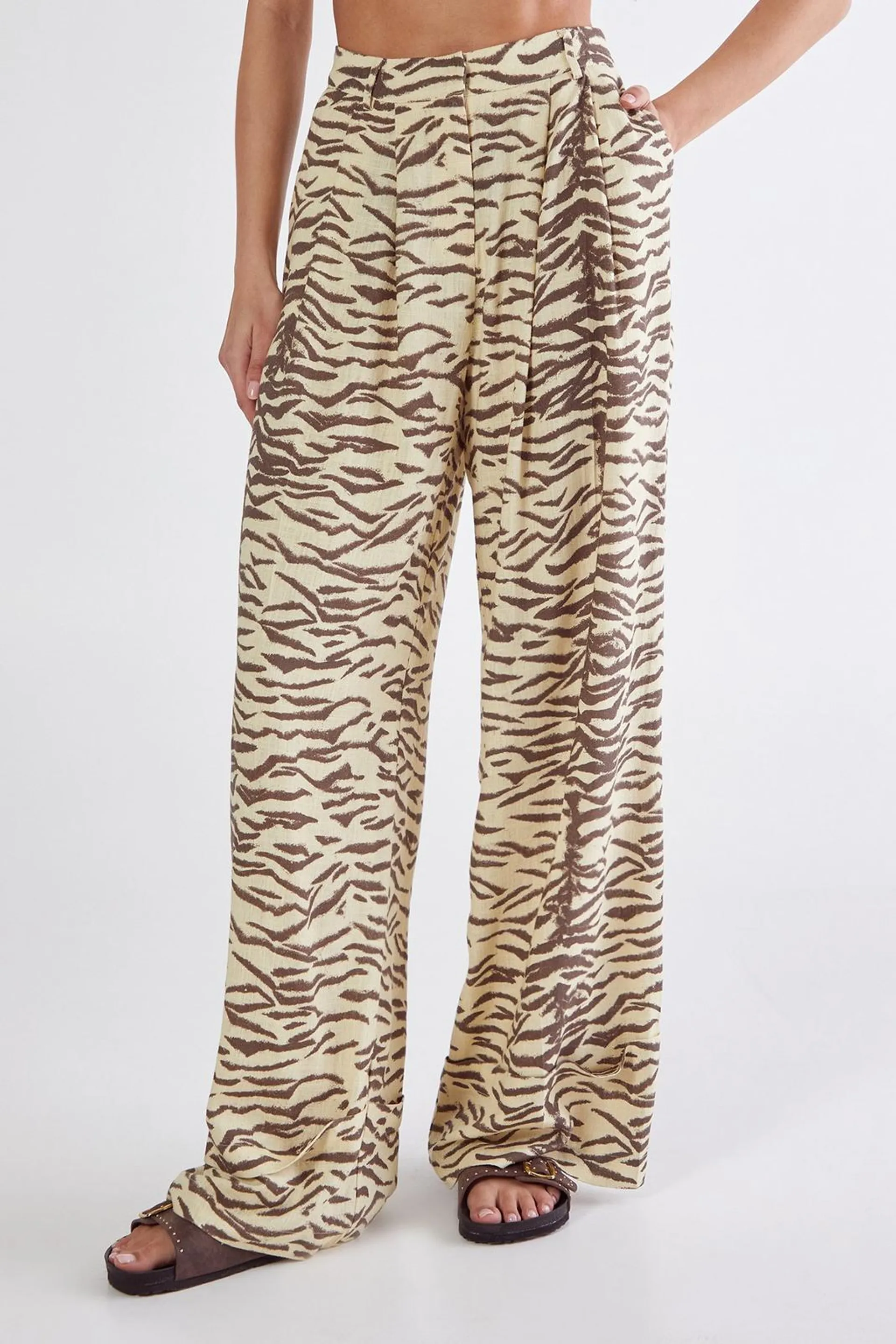 Zebra Print Linen Tailored Trousers