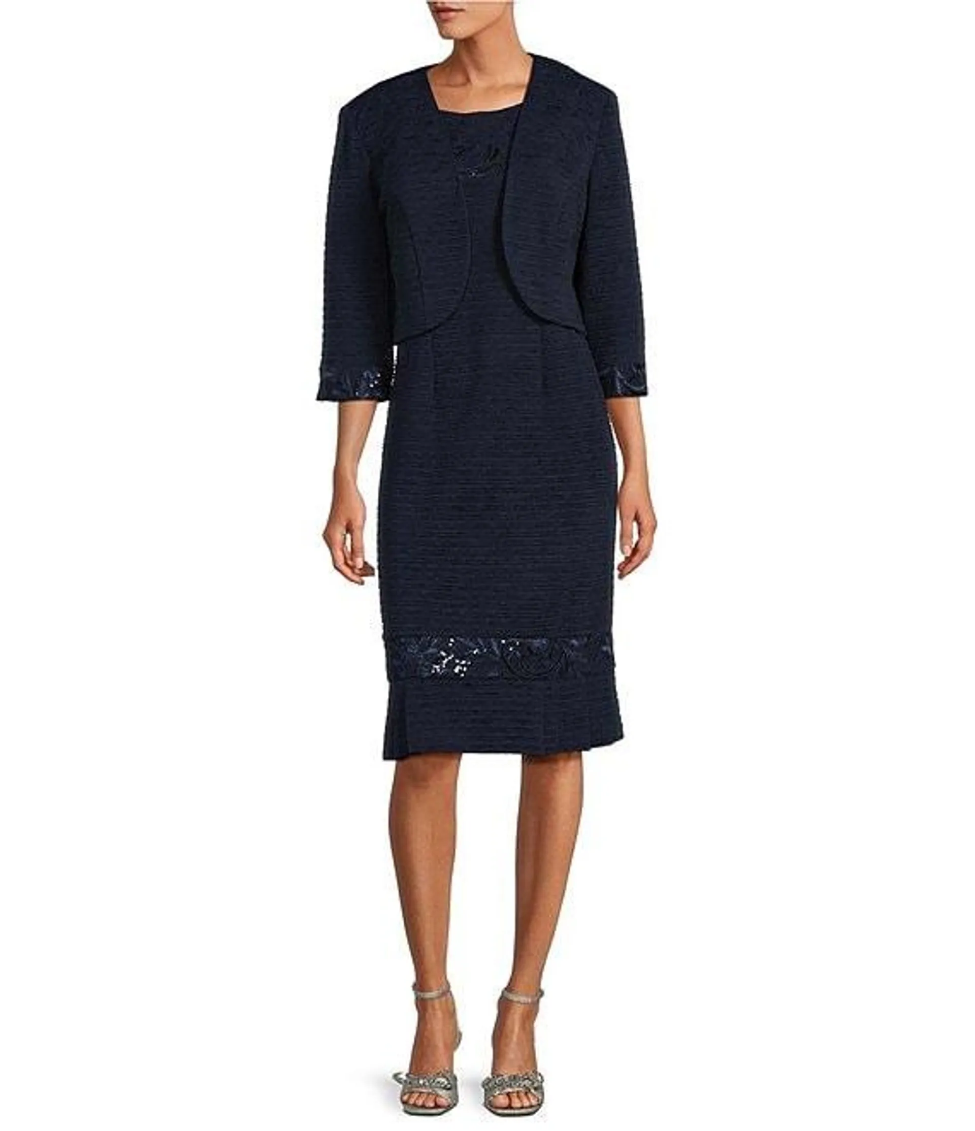 3/4 Sleeve Round Neck Embroidered Flounce Hem 2-Piece Jacket Dress