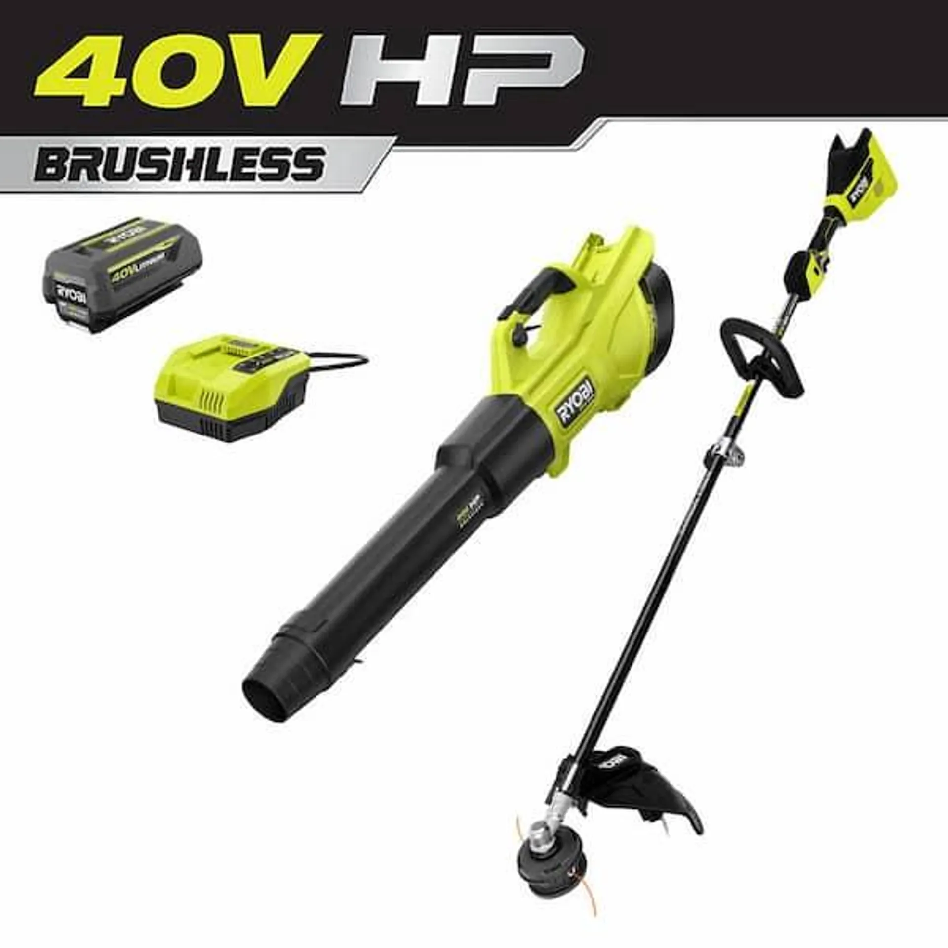 40V HP Brushless 600 CFM 155 MPH Cordless Leaf Blower and Carbon Fiber String Trimmer with 4.0 Ah Battery and Charger