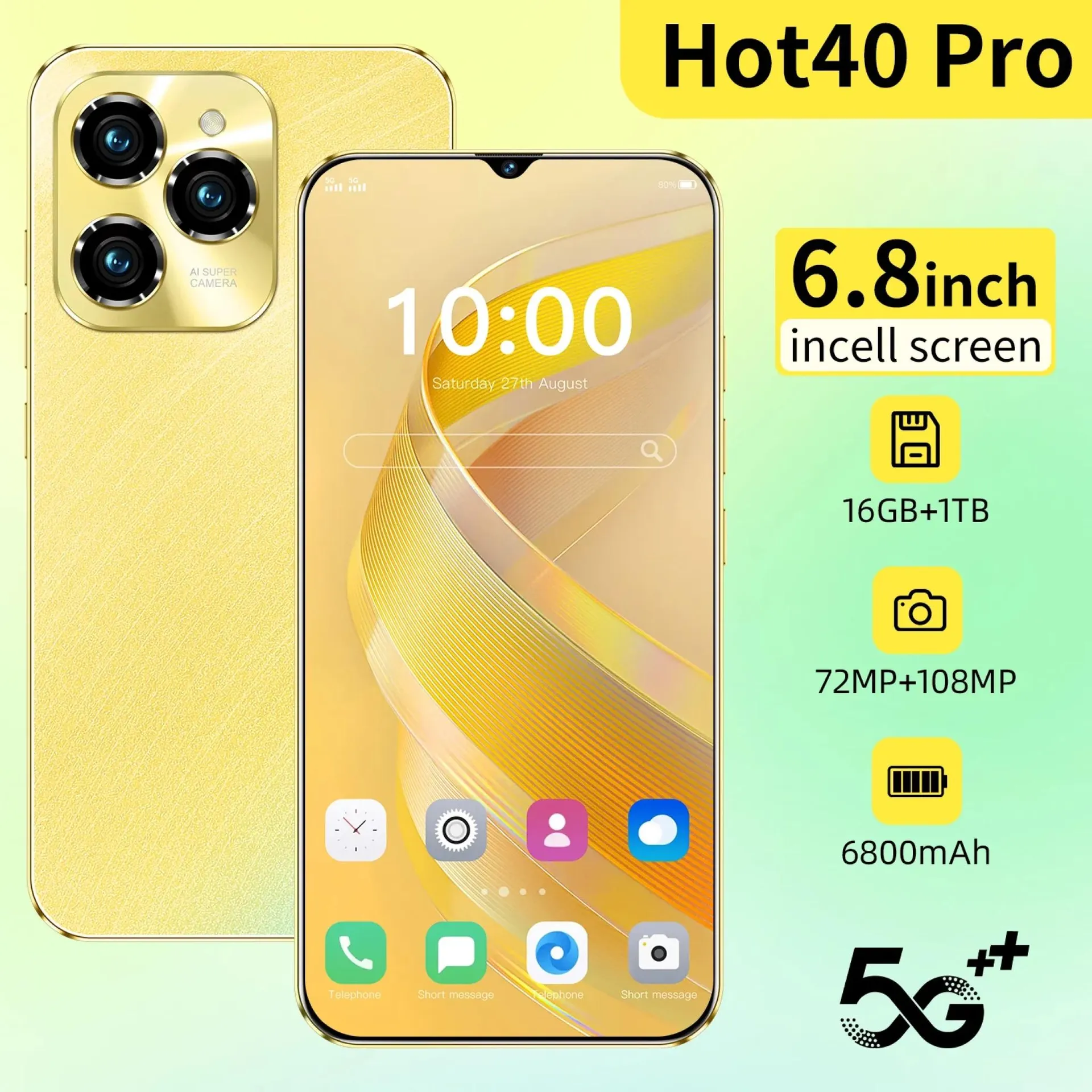 Teléfono inteligente HOT 2025 Pro 40 NUEVO Teléfono móvil Android HD de 6.8 pulgadas desbloqueado Tarjeta SIM dual 4G/5G 6800mAh 16GB+1TB Teléfono celular 72MP+108MP