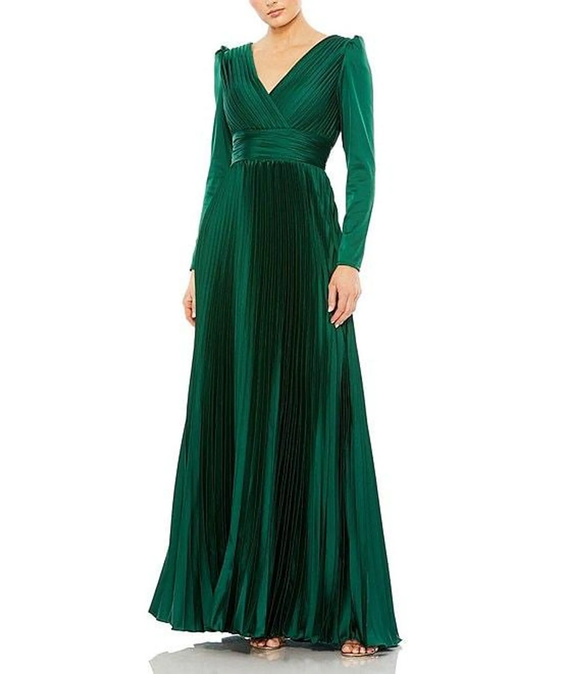 Surplice V-Neck 3/4 Sleeve Pleated A-Line Gown