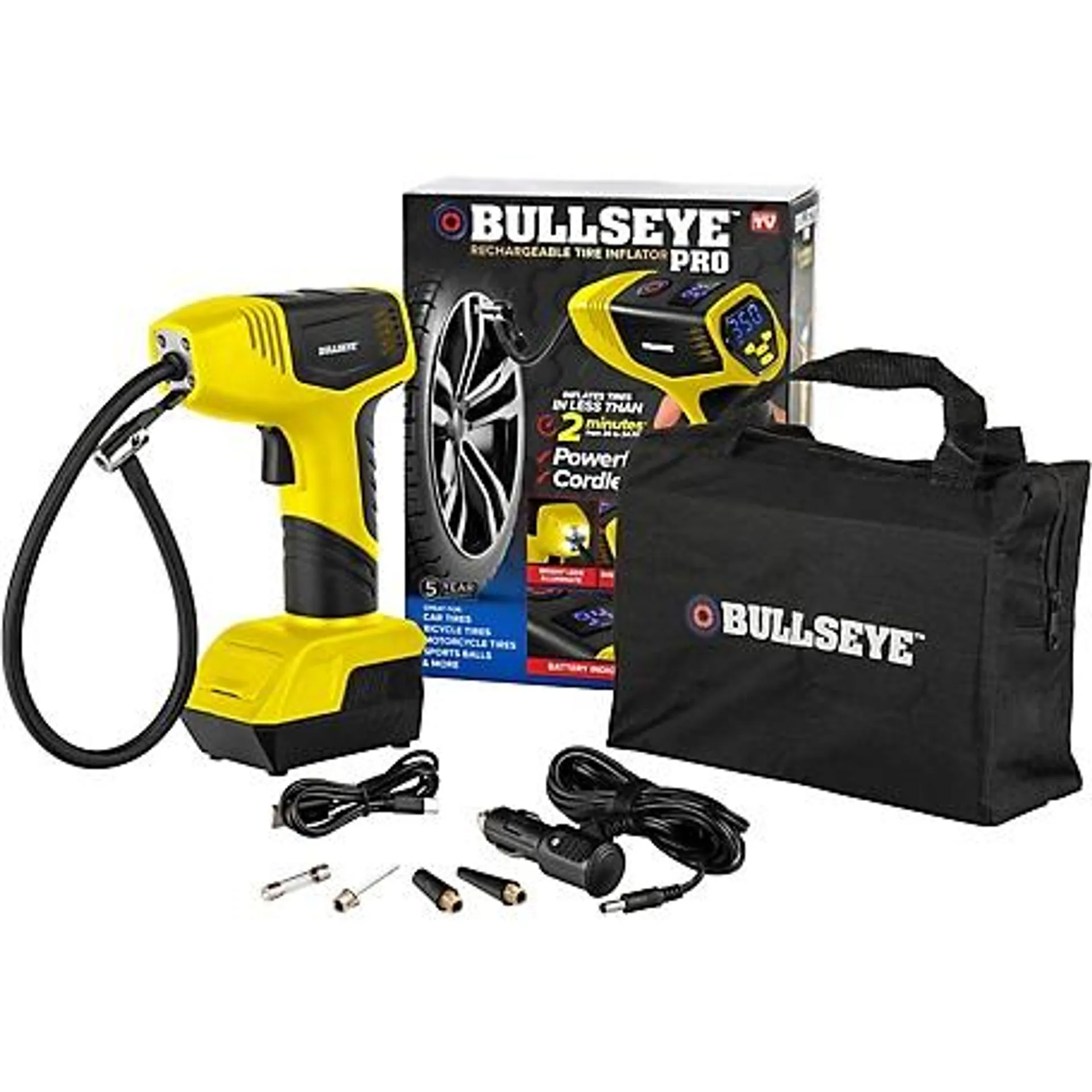 Bullseye 12V Pro 150-PSI Rechargeable Tire Inflator, Air Compressor, Yellow