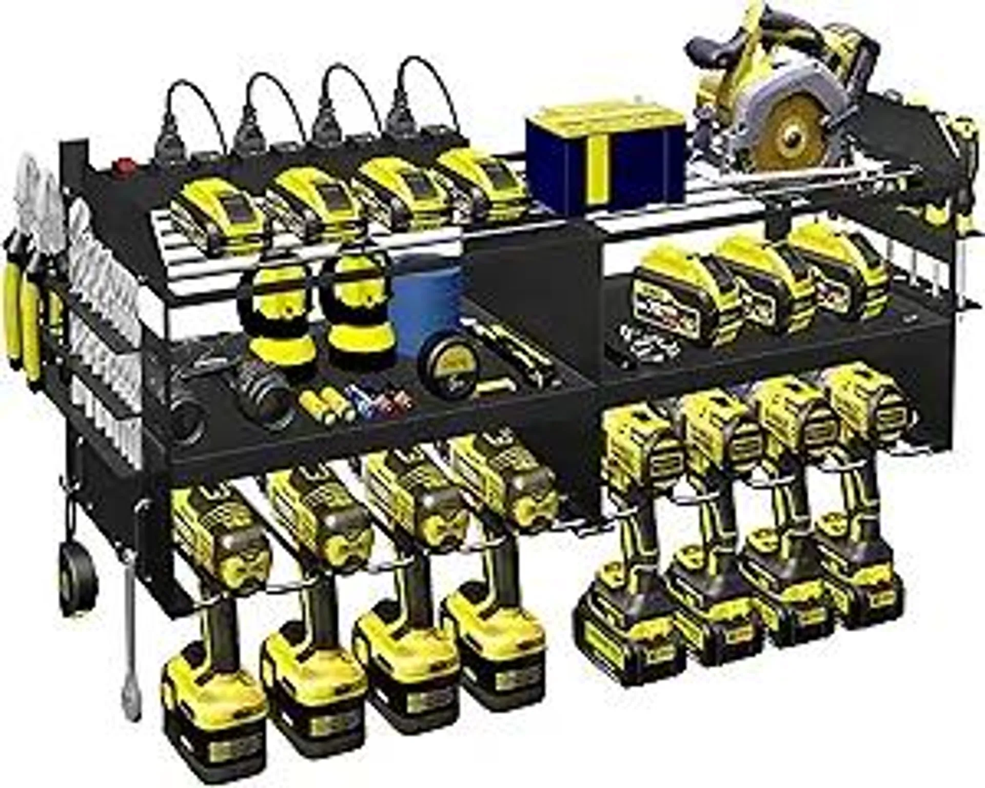 Power Tool Organizer with Charging Station,3 Layer Holders Heavy Duty Metal Power Tool Storage Rack with 8 Drill Holders, Garage Tool Organizer and Storage with 8 Outlet Power Strip