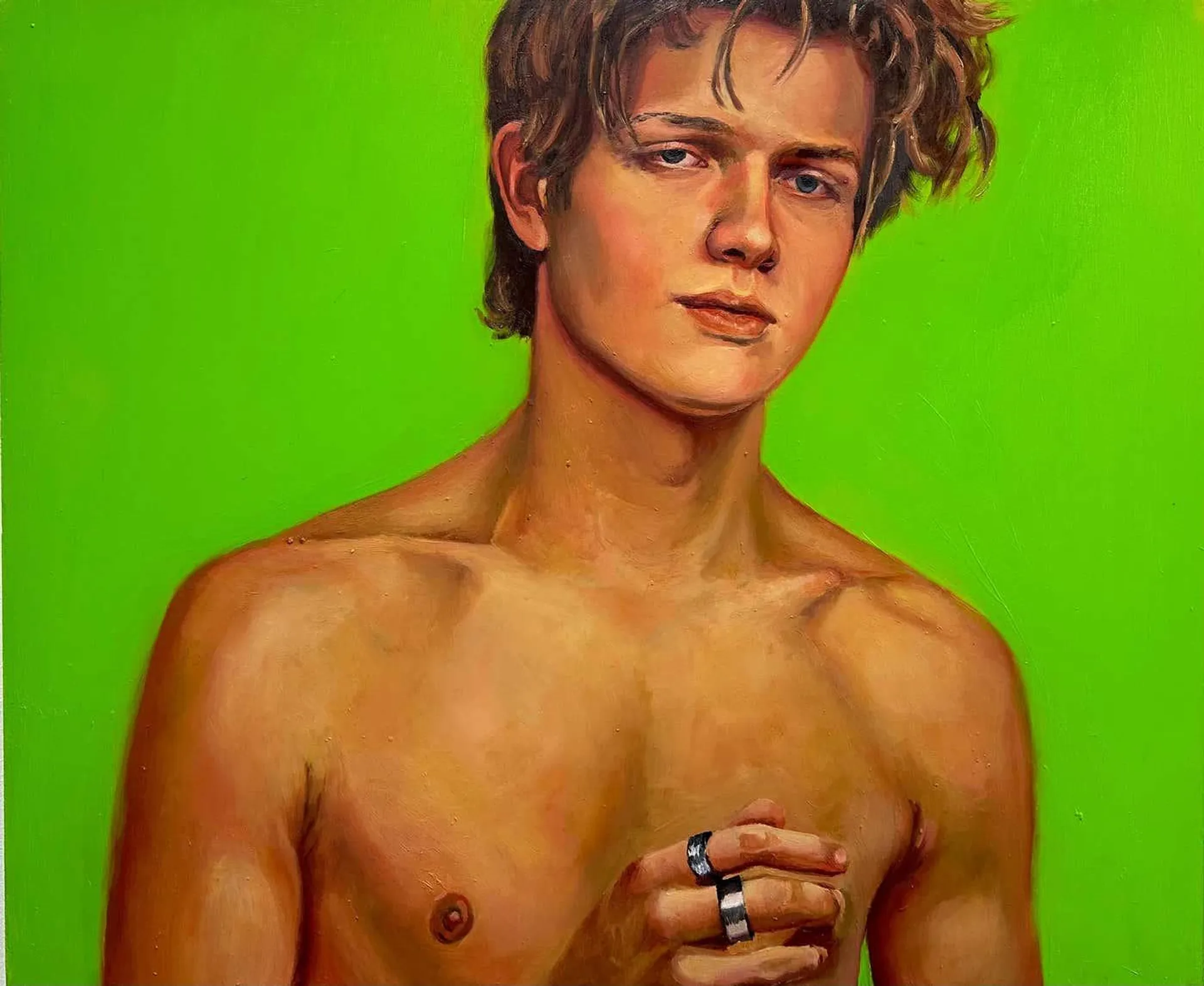 David van der Linden When I live my Dream - 21st Ct Contemporary Painting of Boy with Bare Chest 2022