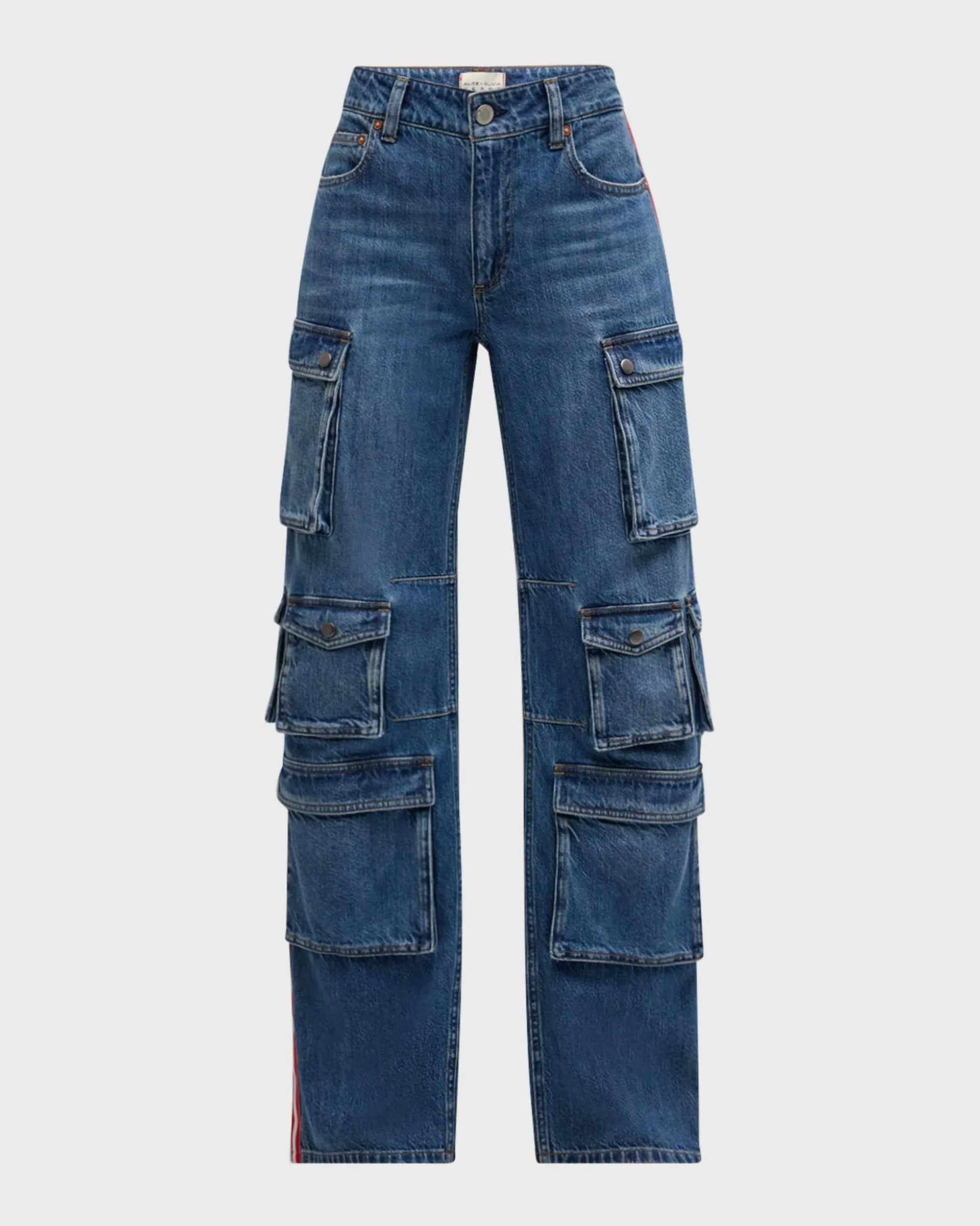 Olympia Mid-Rise Baggy Cargo Jeans with Side Stripes