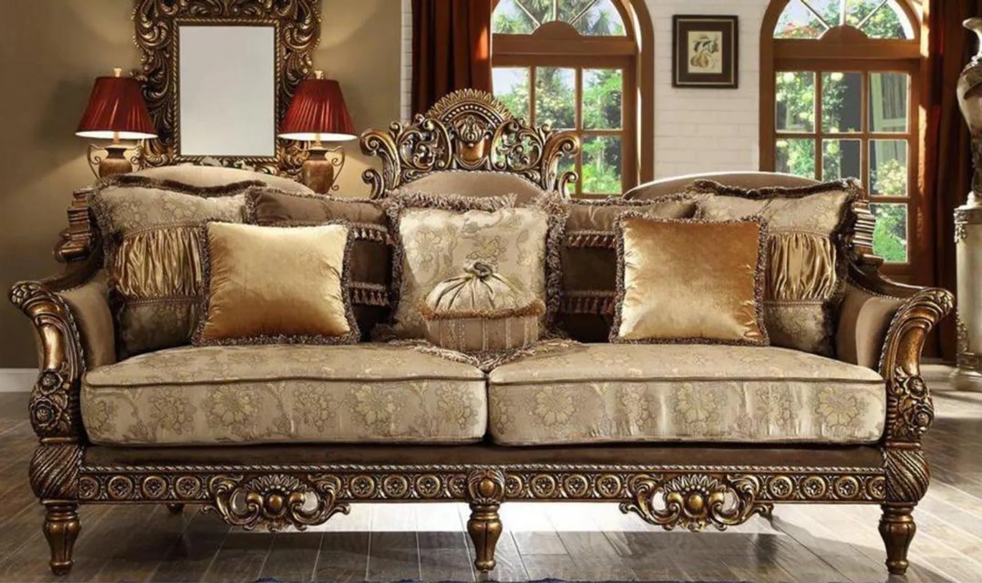 Hewitt Fabric Sofa In Metallic Antique Gold Finish