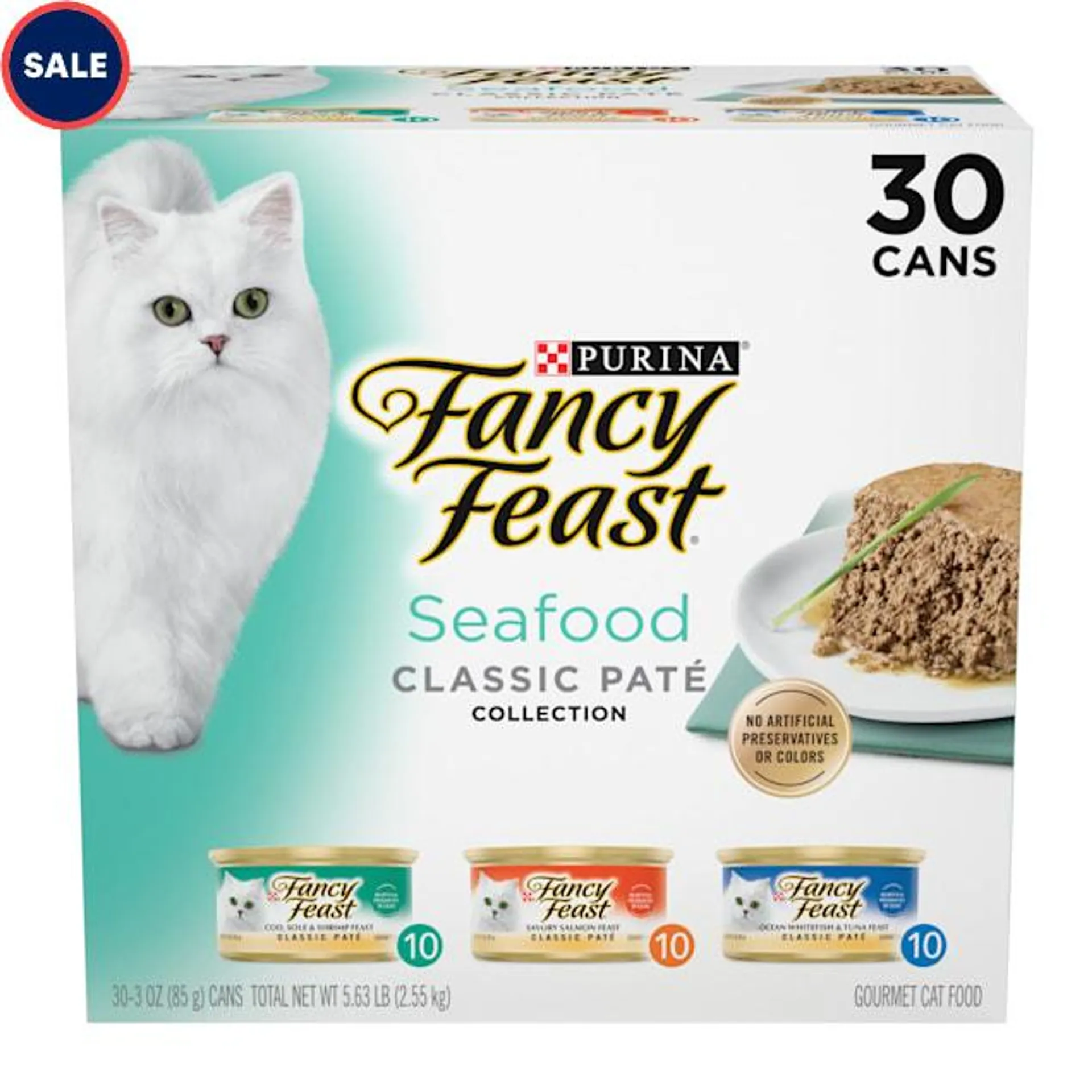 Fancy Feast Grain Free Seafood Classic Collection Pate Wet Cat Food Variety Pack, 3 oz., Count of 30