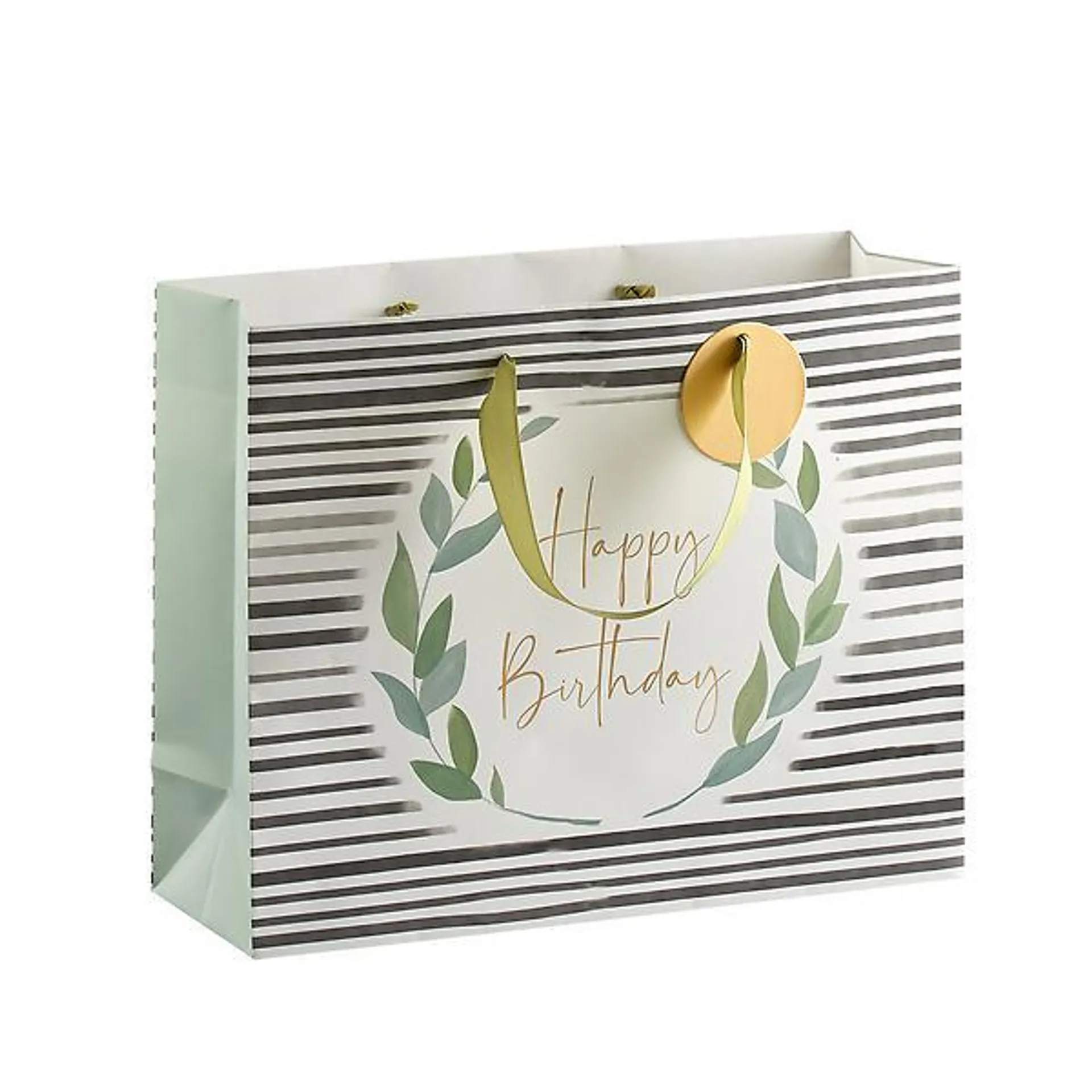 Large Greenery Striped Birthday Gift Bag