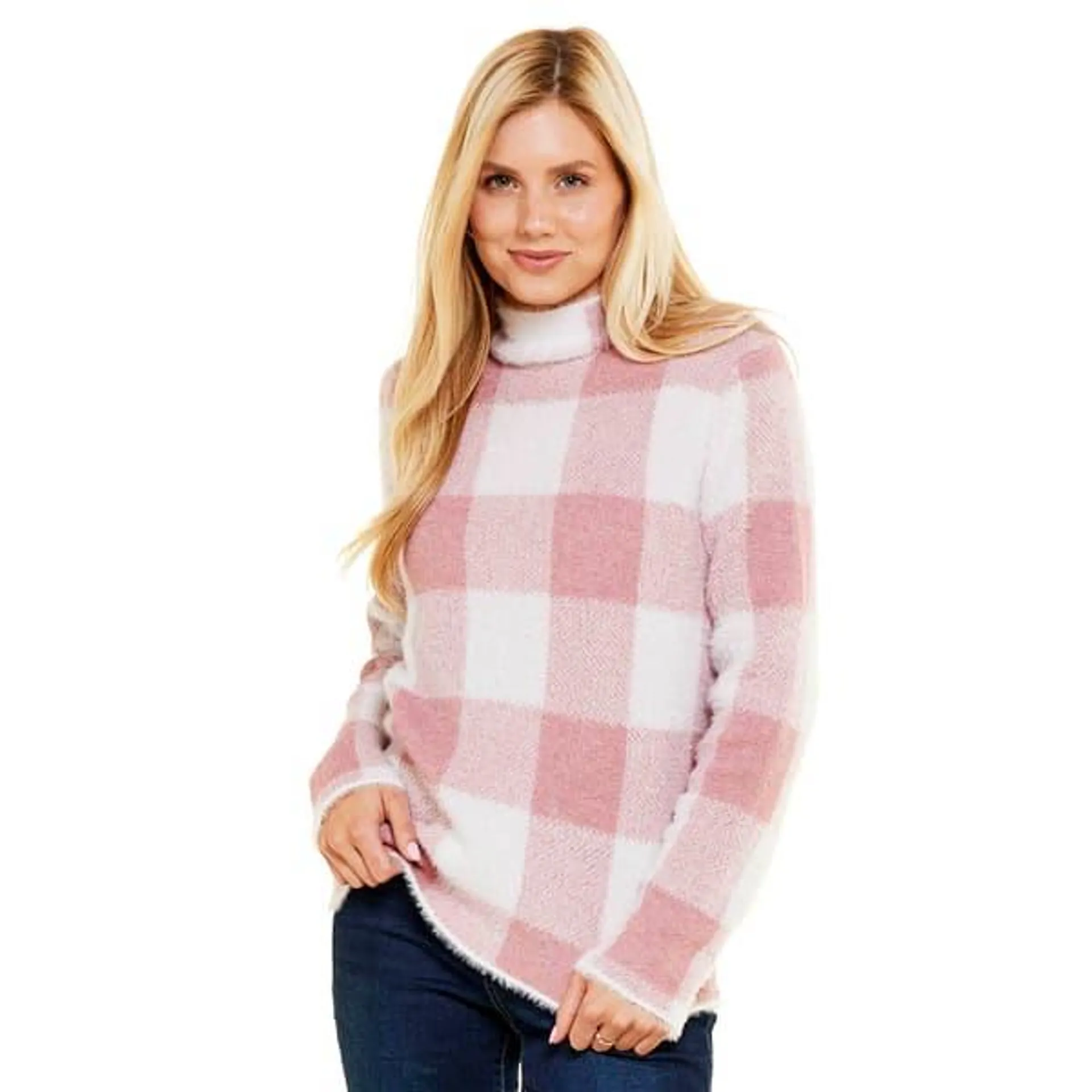 Womens Chloe & Jasmine Mock Neck Eyelash Pull Over Plaid Sweater