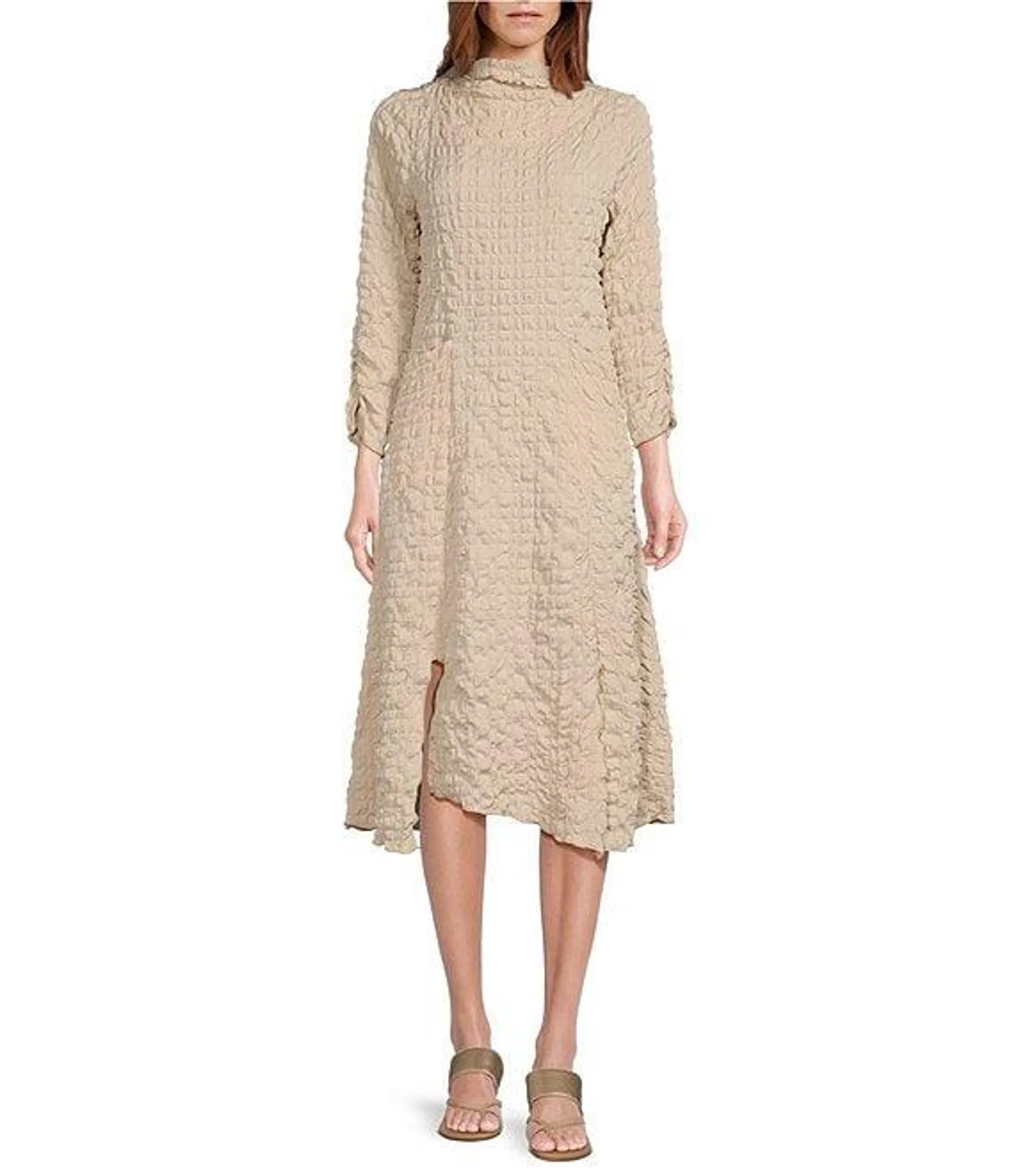 Textured Bubble Check Pucker Woven Mock Neck 3/4 Sleeve Asymmetrical Hem Midi A-Line Dress