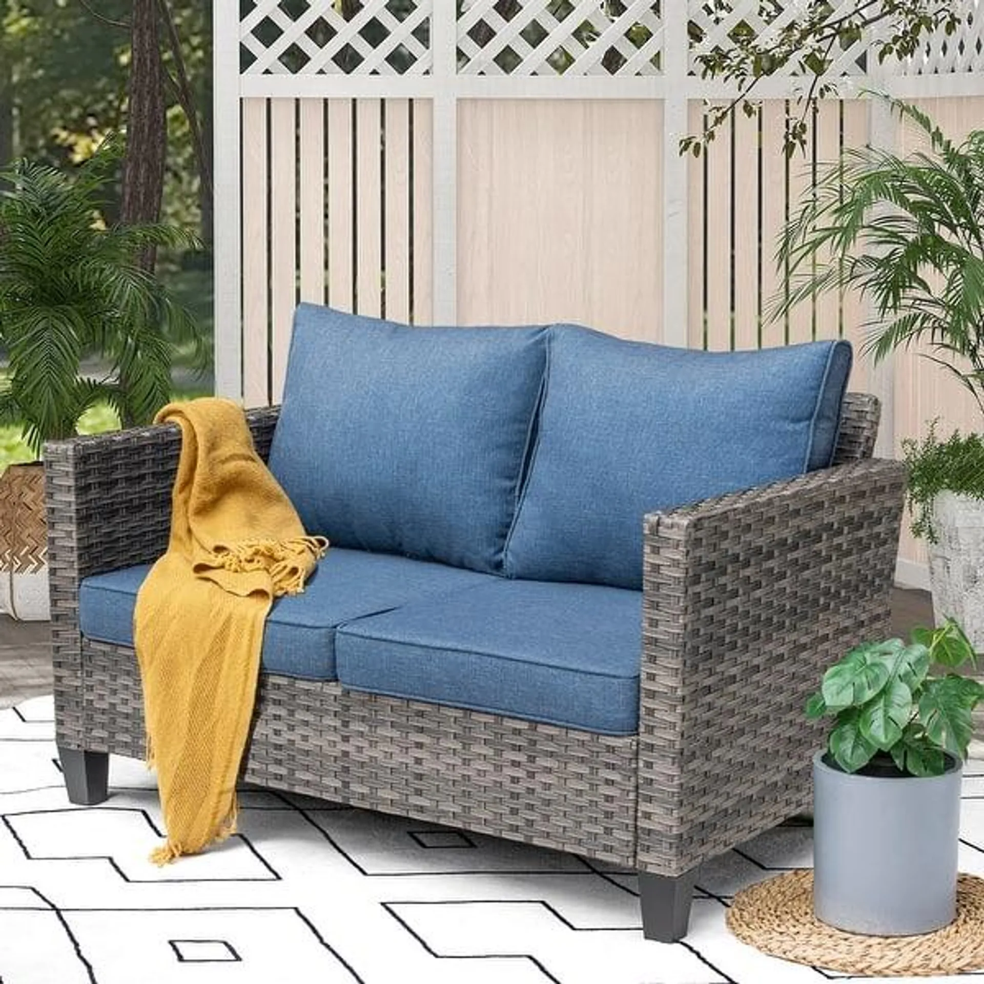 OVIOS Patio Outdoor High-back Grey Wicker Loveseat