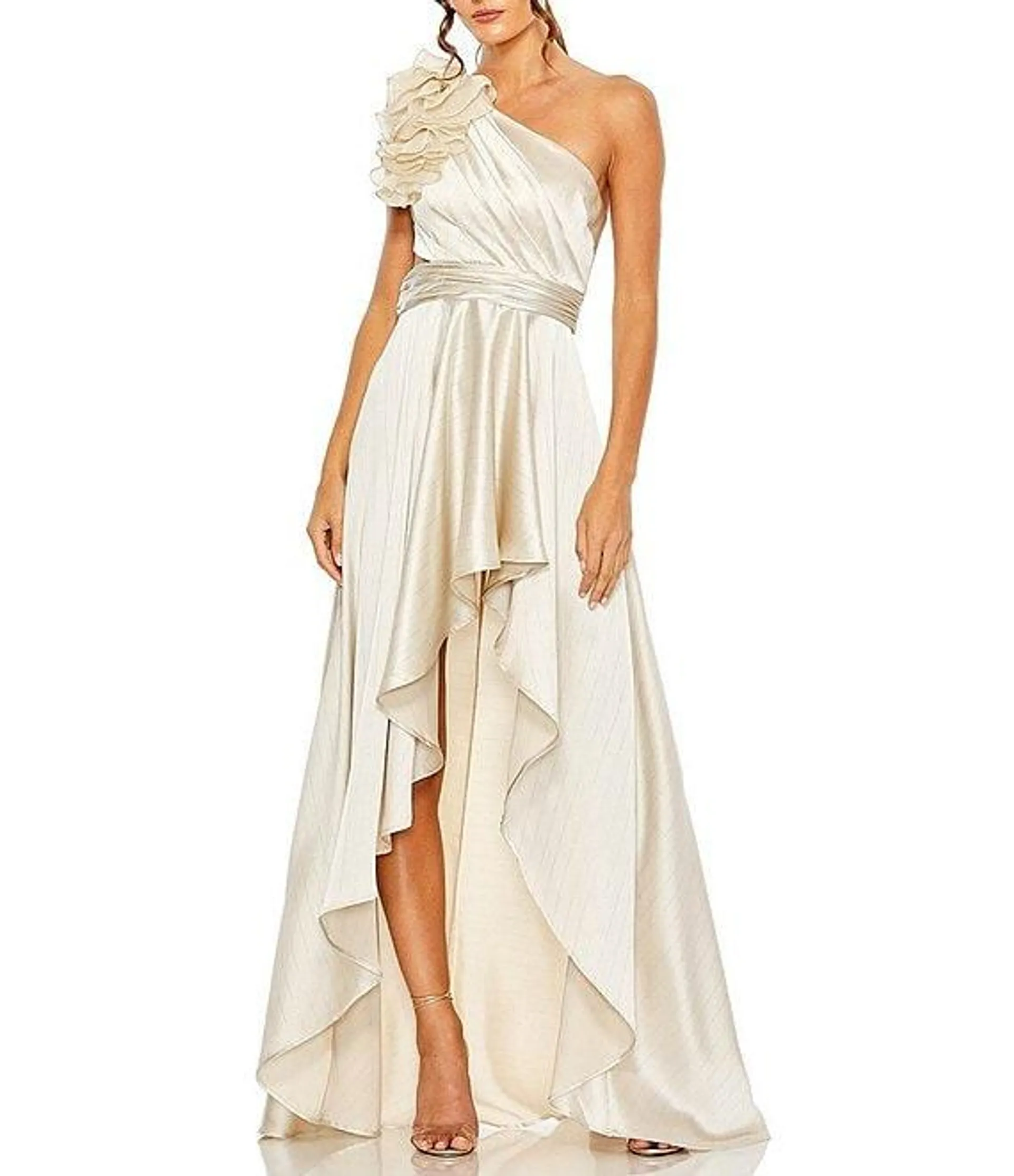 Satin Ruffle Asymmetrical Neck Sleeveless Side Cut-Out High-Low Gown