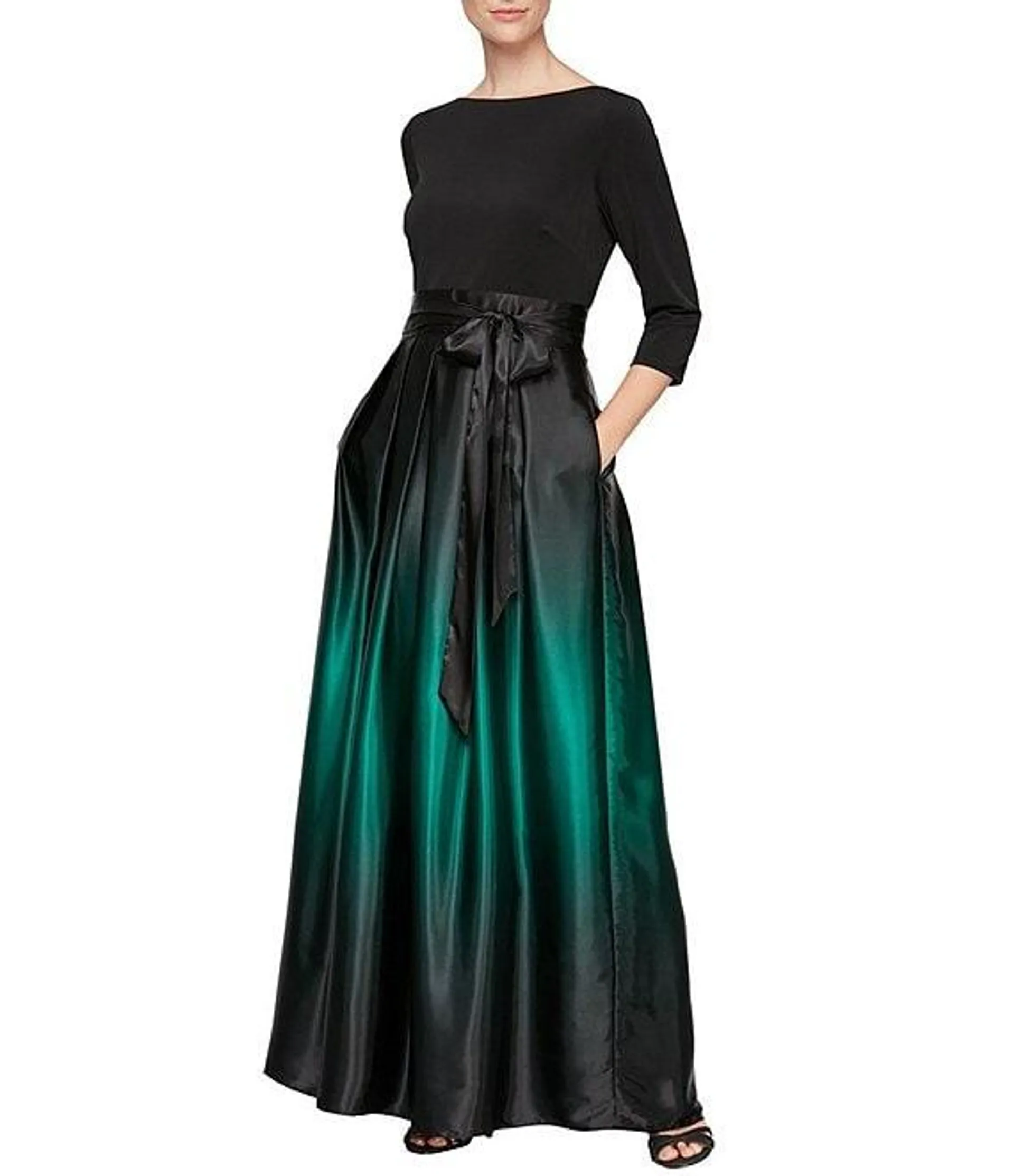 Ombre Satin Boat Neck 3/4 Sleeve Tie Waist Pocketed Ball Gown