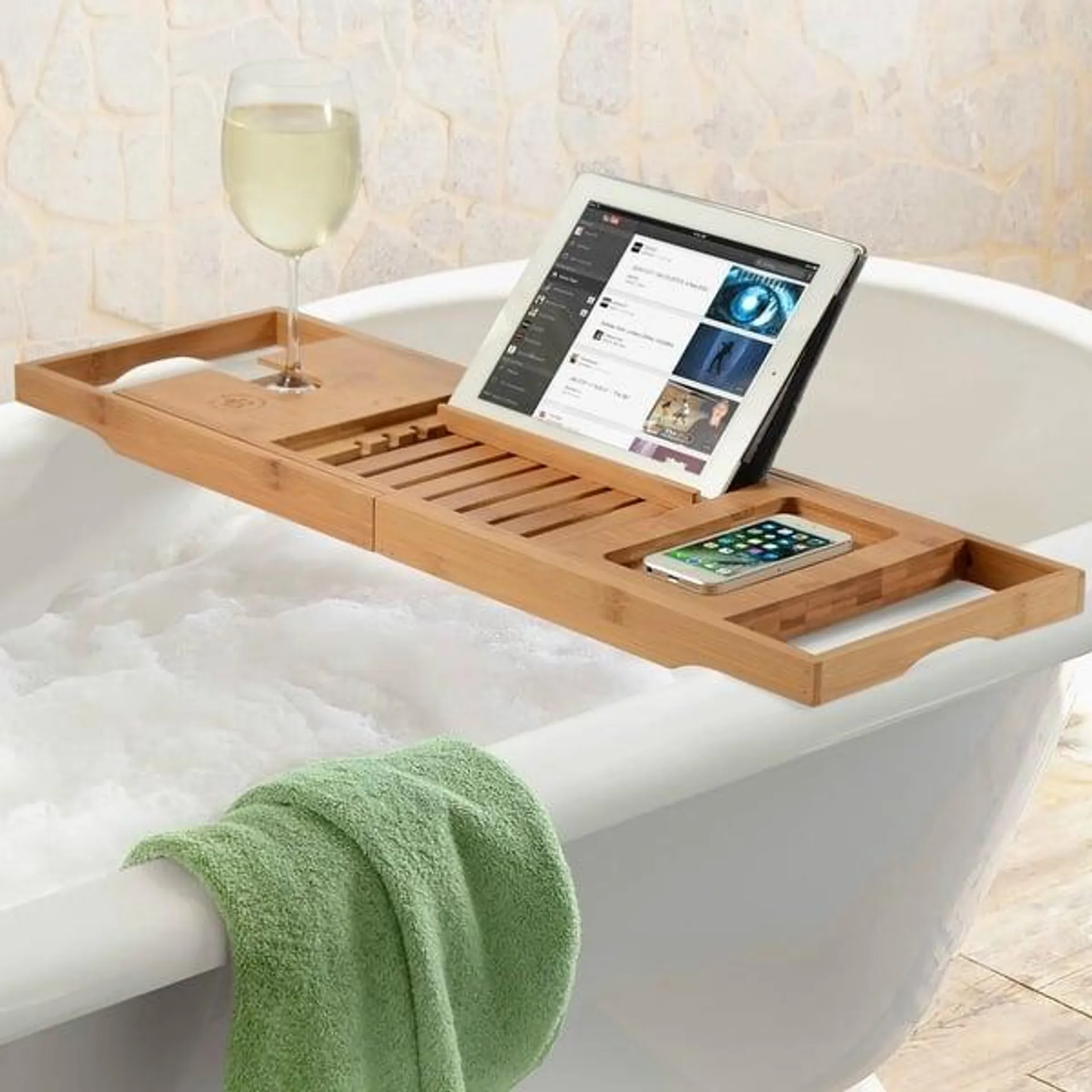 Bamboo Bathtub Tray Caddy - Expandable and Nonslip Bath Caddy with Book/Tablet and Wine Glass Holder, Wood Bathtub Accessories