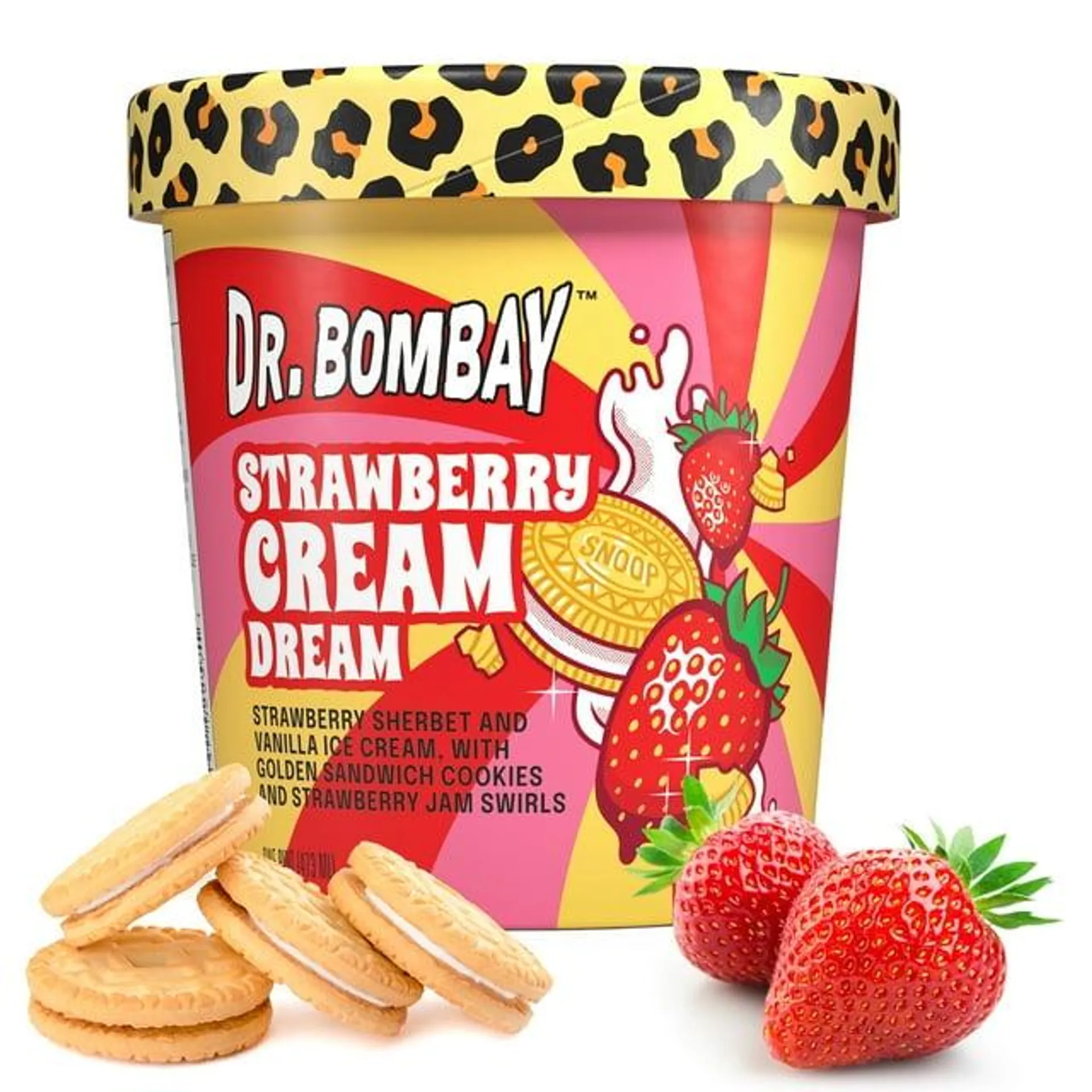 Dr. Bombay Strawberry Cream Dream - Vanilla Ice Cream and Strawberry Sherbet with Cookies and Strawberry Jam Swirls - 1 Pint