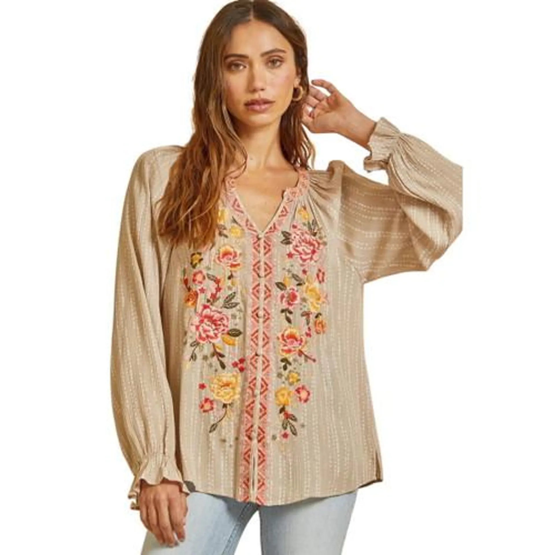 Savanna Jane Womens Mocha Floral Embroidered Long Sleeve Relaxed Fit Blouse