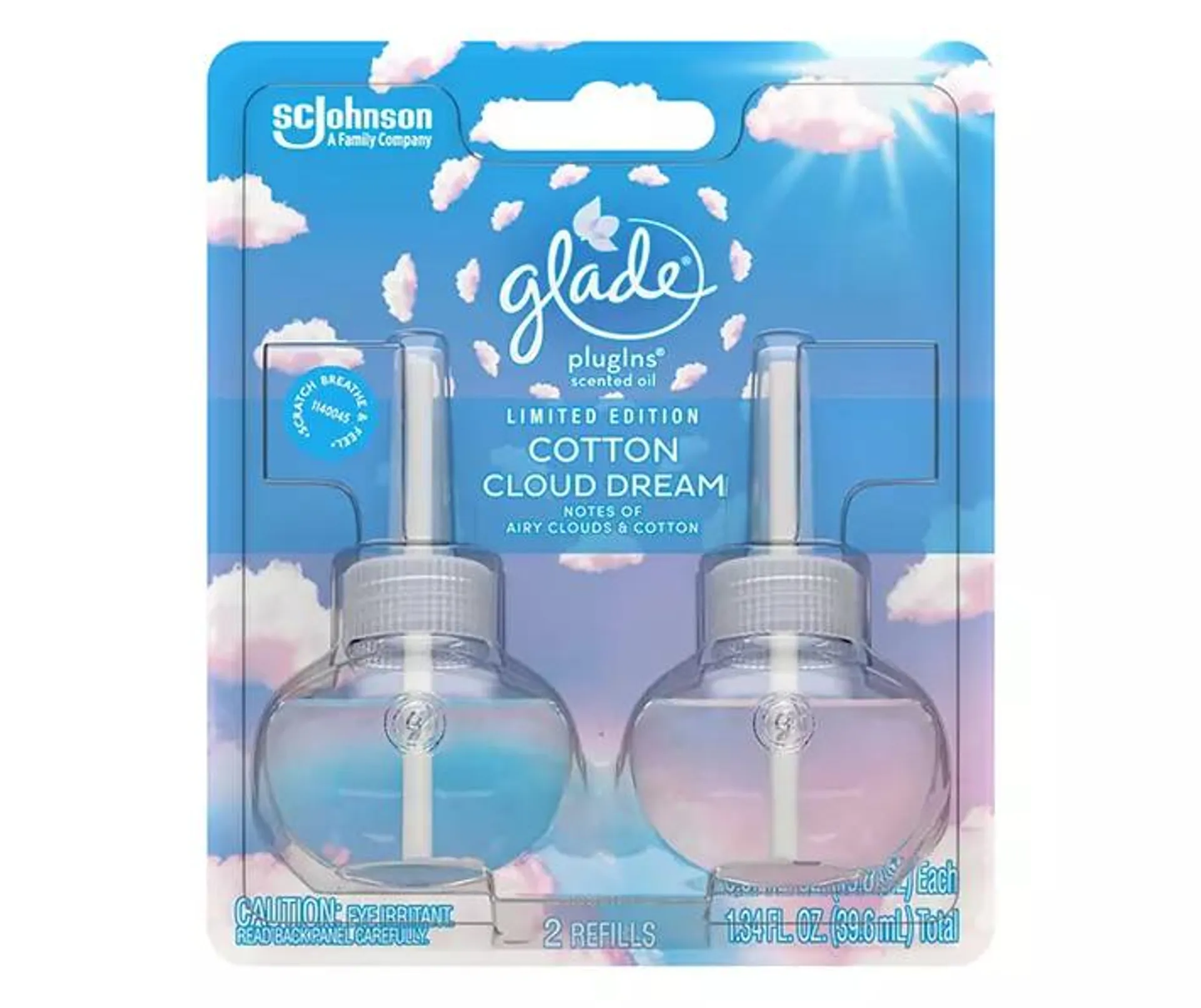 Glade PlugIns Scented Oil Refill, Cotton Cloud Dream Scent, Infused with Essential Oils, Spring Limited Edition Fragrance, Positive Vibes Collection, 0.67 oz, 2 Count.