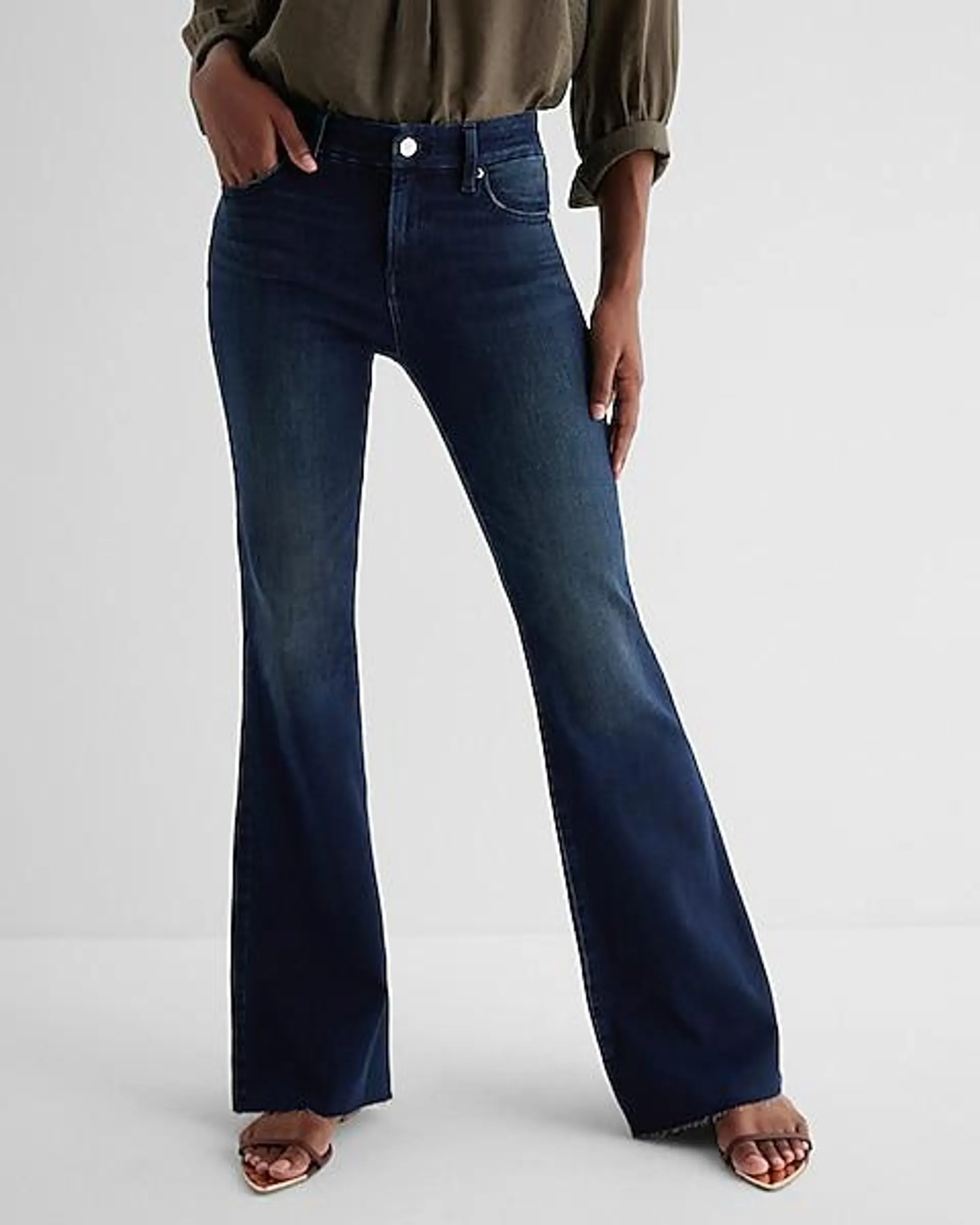 Mid Rise Dark Wash Raw Hem FlexX '70s Flare Jeans