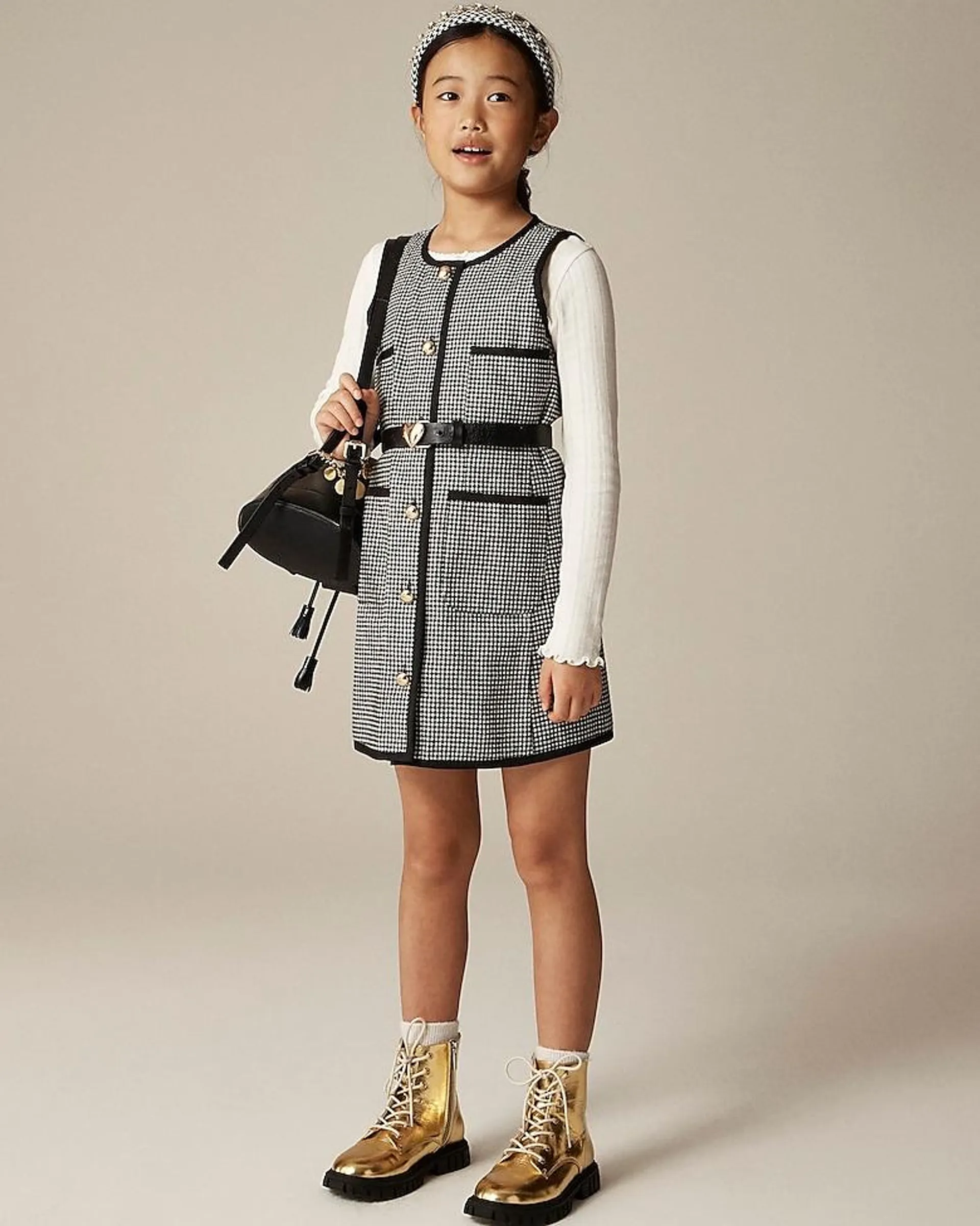 Girls' patch-pocket dress in houndstooth