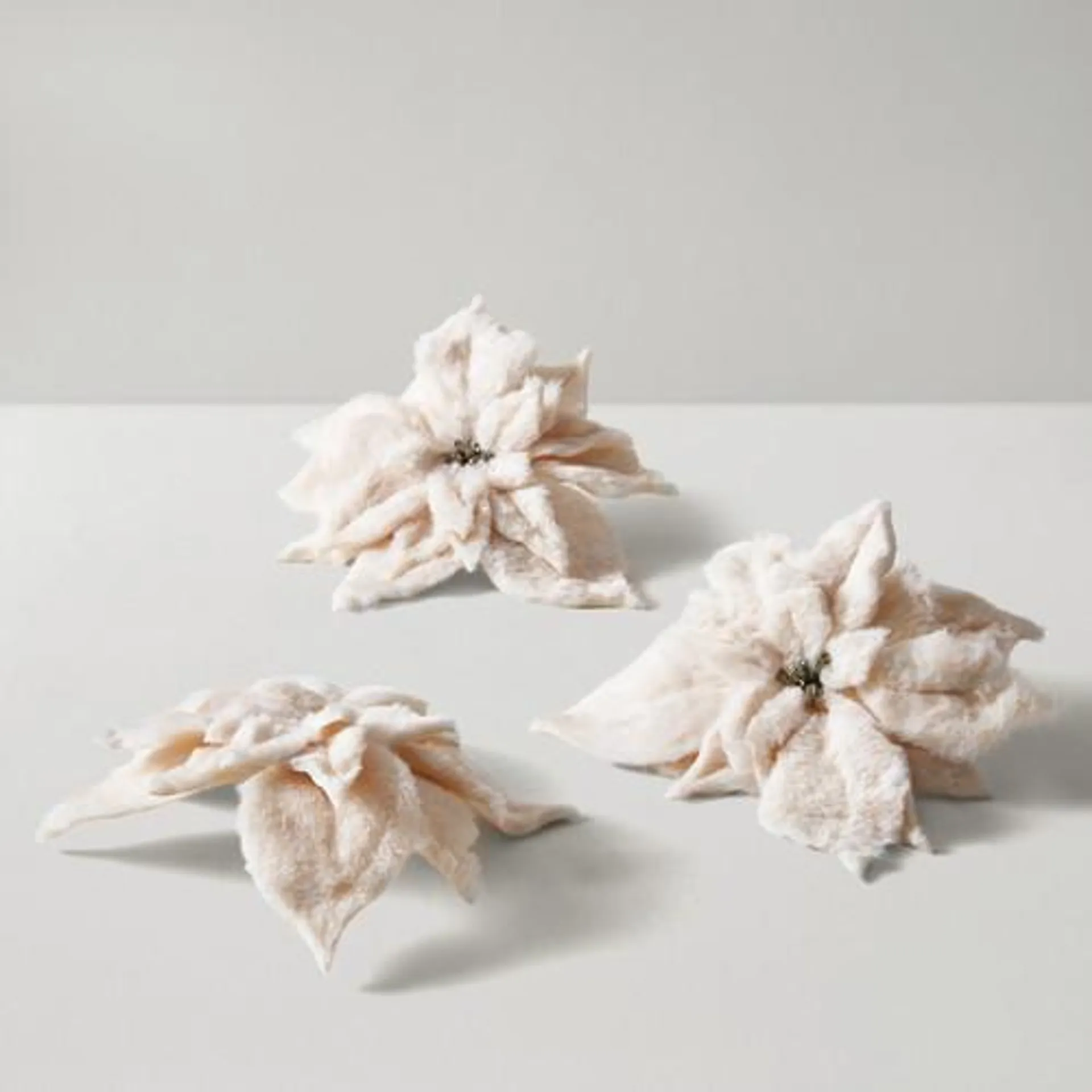 Poinsettia With White Fur Clip - Set of 3