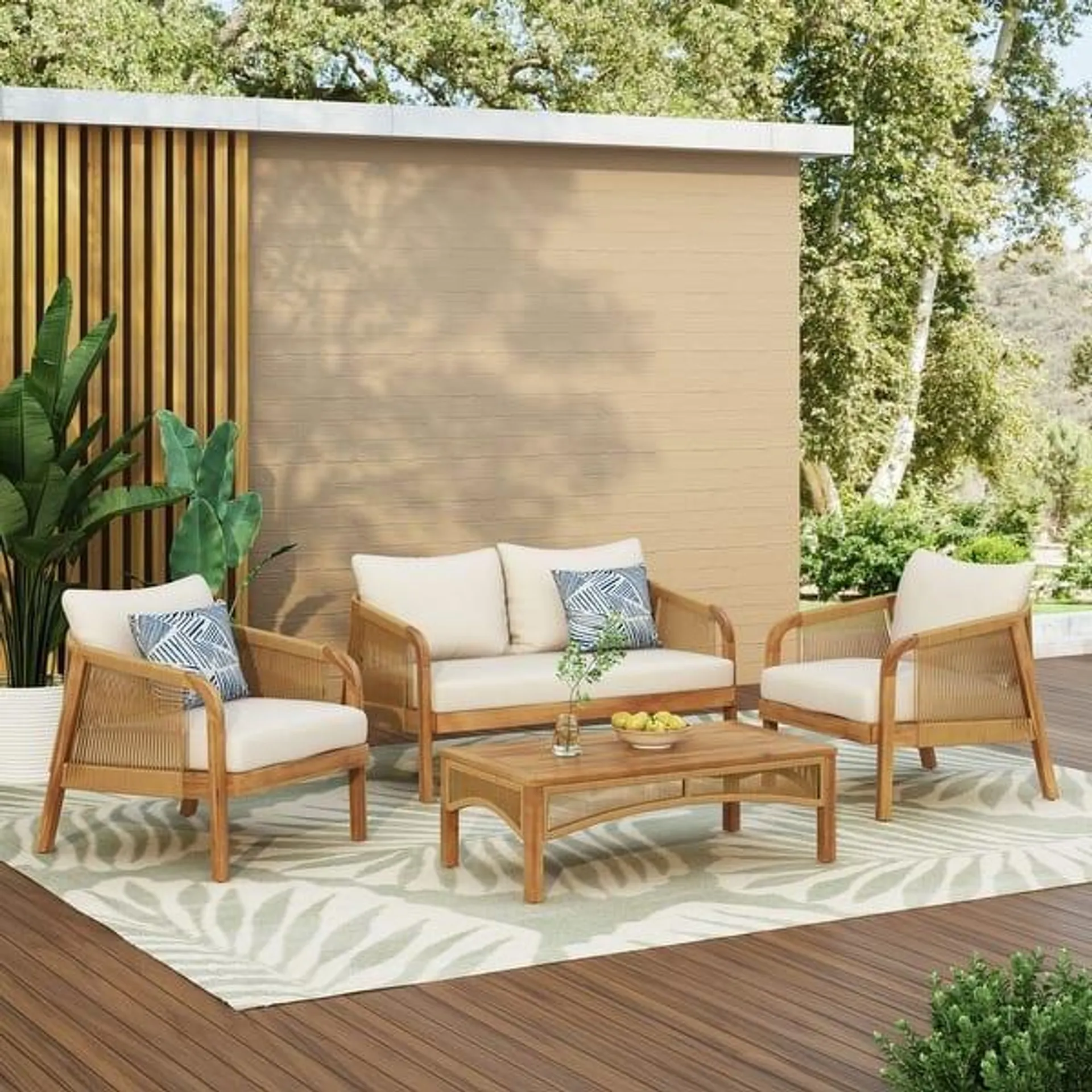 Jabe Outdoor Acacia Wood and Wicker 4 Seater Chat Set by Christopher Knight Home - 26.25" L x 30.50" W x 27.50" H