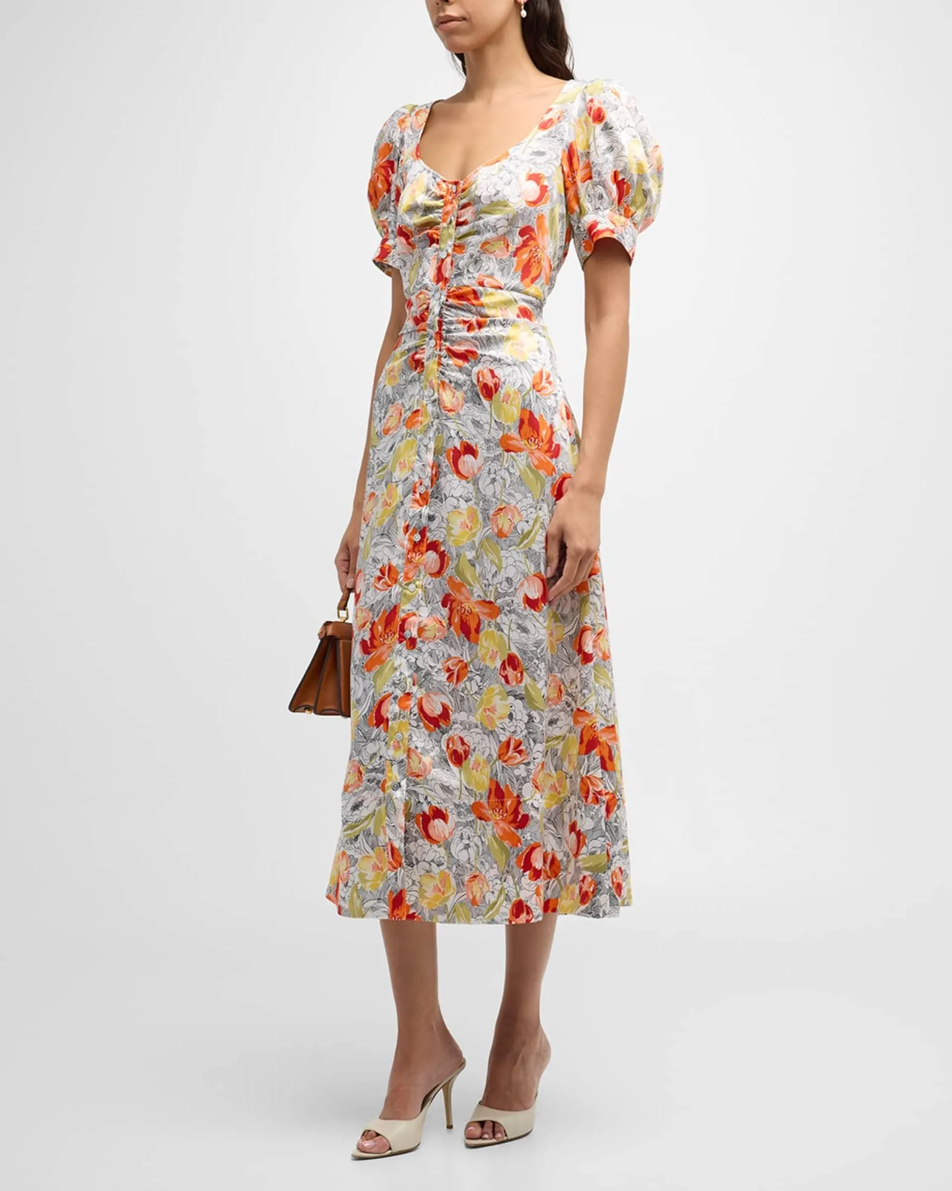 Ximena Draped Floral Puff-Sleeve V-Neck Midi Dress